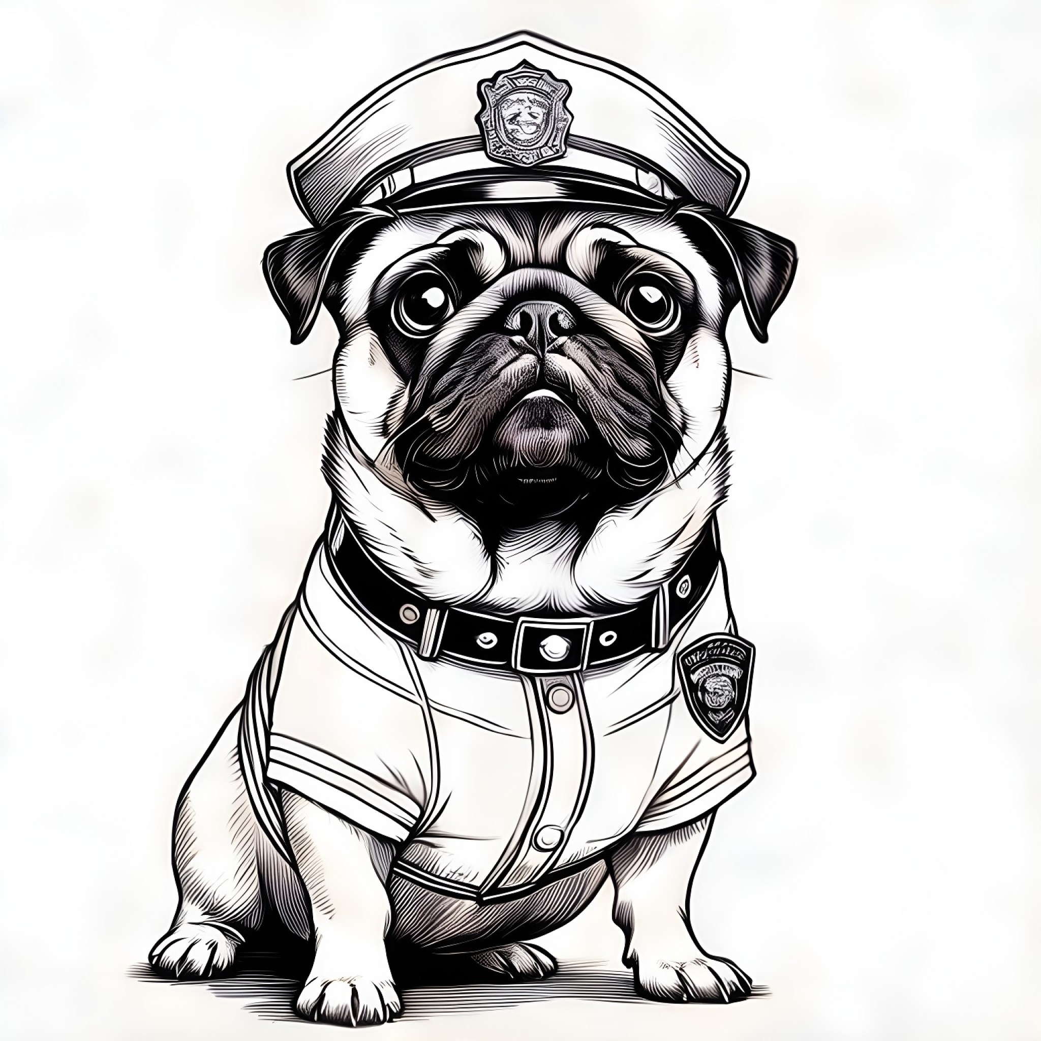 Pug dressed as a police Coloring Page (free black-and-white line drawing printable PDF for all, from beginners to advanced learners, including children, teens, adults, and seniors)