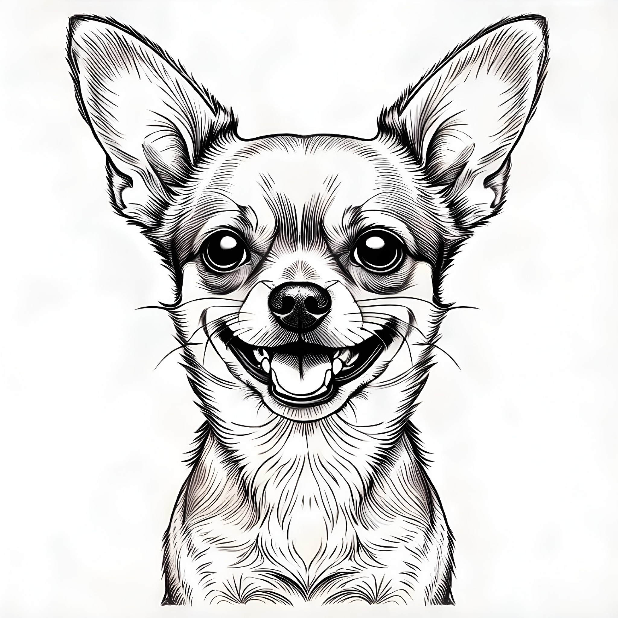 Chihuahua smiling brightly Coloring Page (free black-and-white line drawing printable PDF for all, from beginners to advanced learners, including children, teens, adults, and seniors)