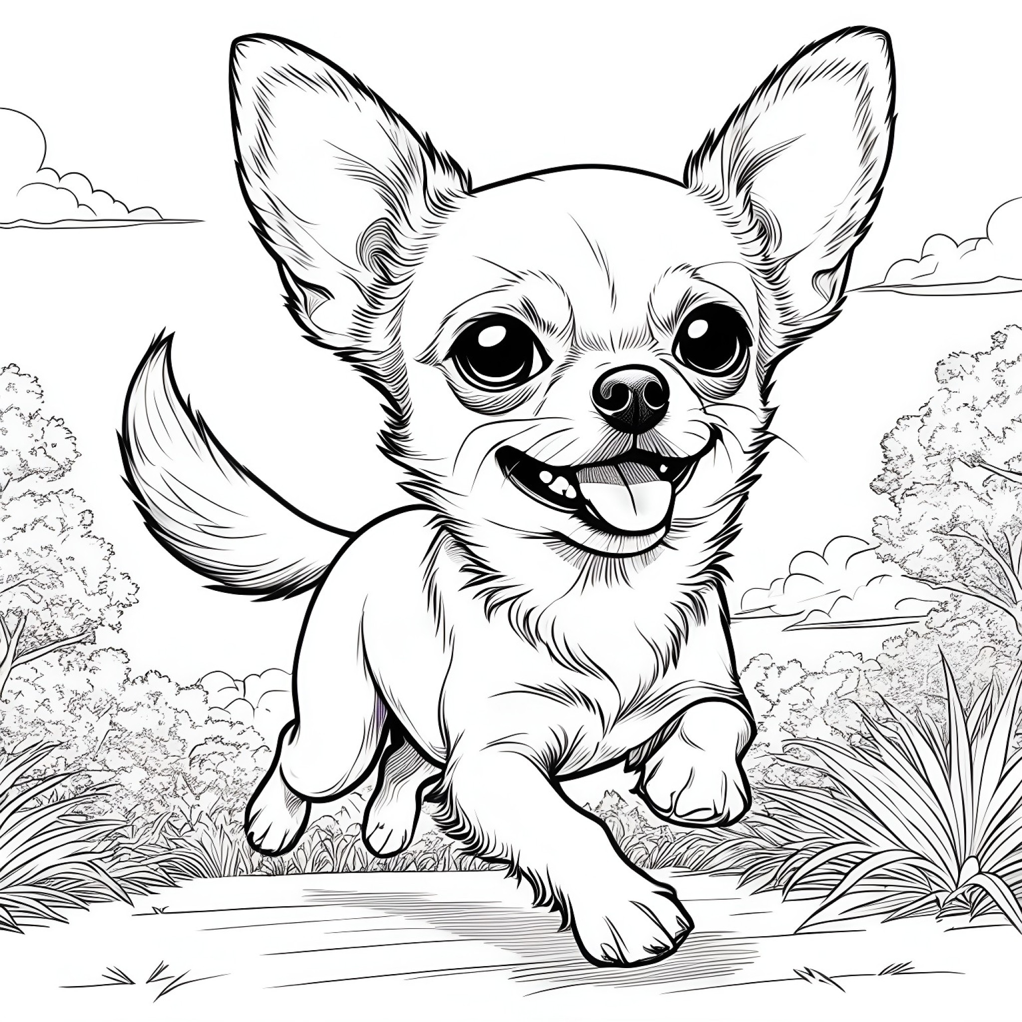 Chihuahua running happily in a park Coloring Page (free black-and-white line drawing printable PDF for all, from beginners to advanced learners, including children, teens, adults, and seniors)
