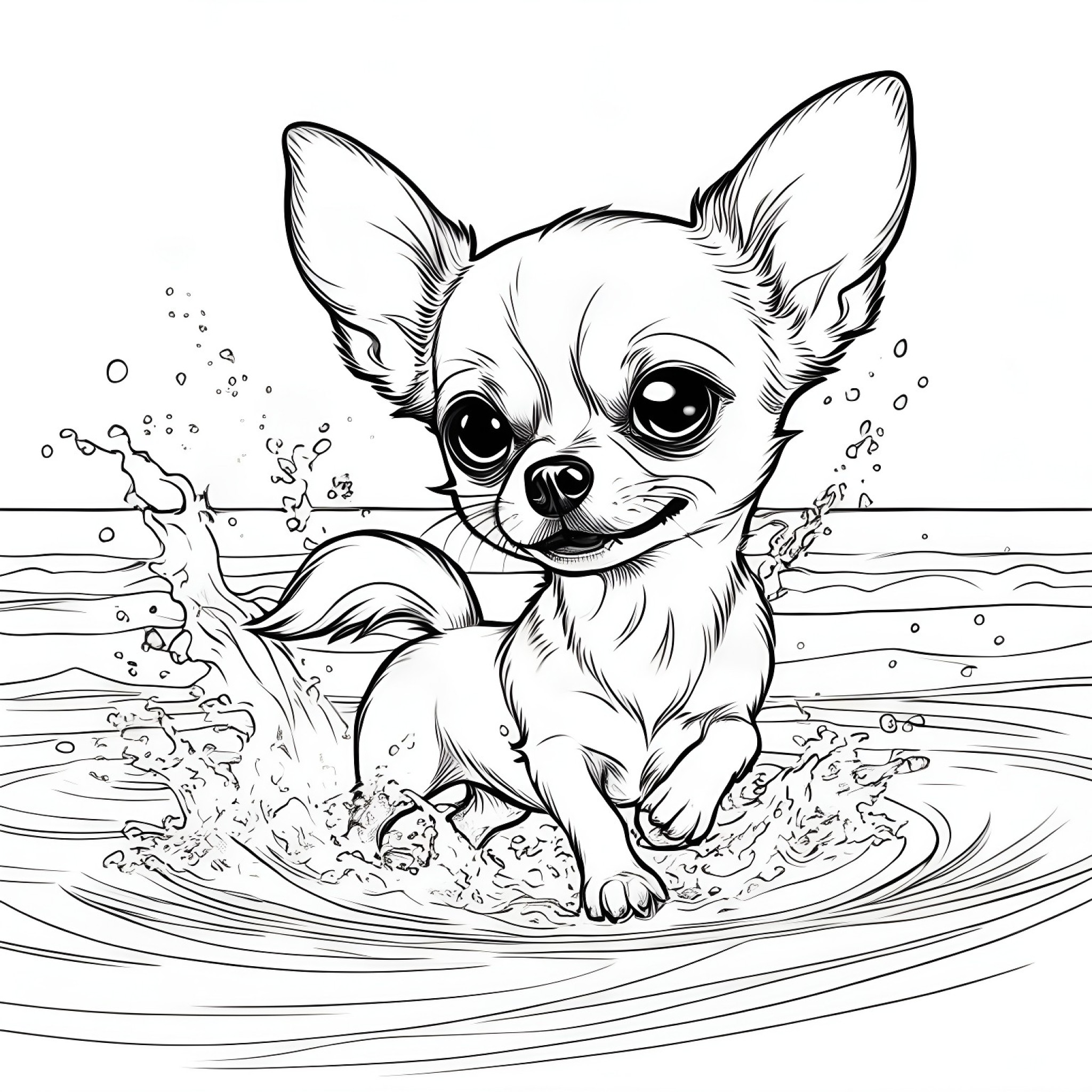 Chihuahua splashing water Coloring Page (free black-and-white line drawing printable PDF for all, from beginners to advanced learners, including children, teens, adults, and seniors)