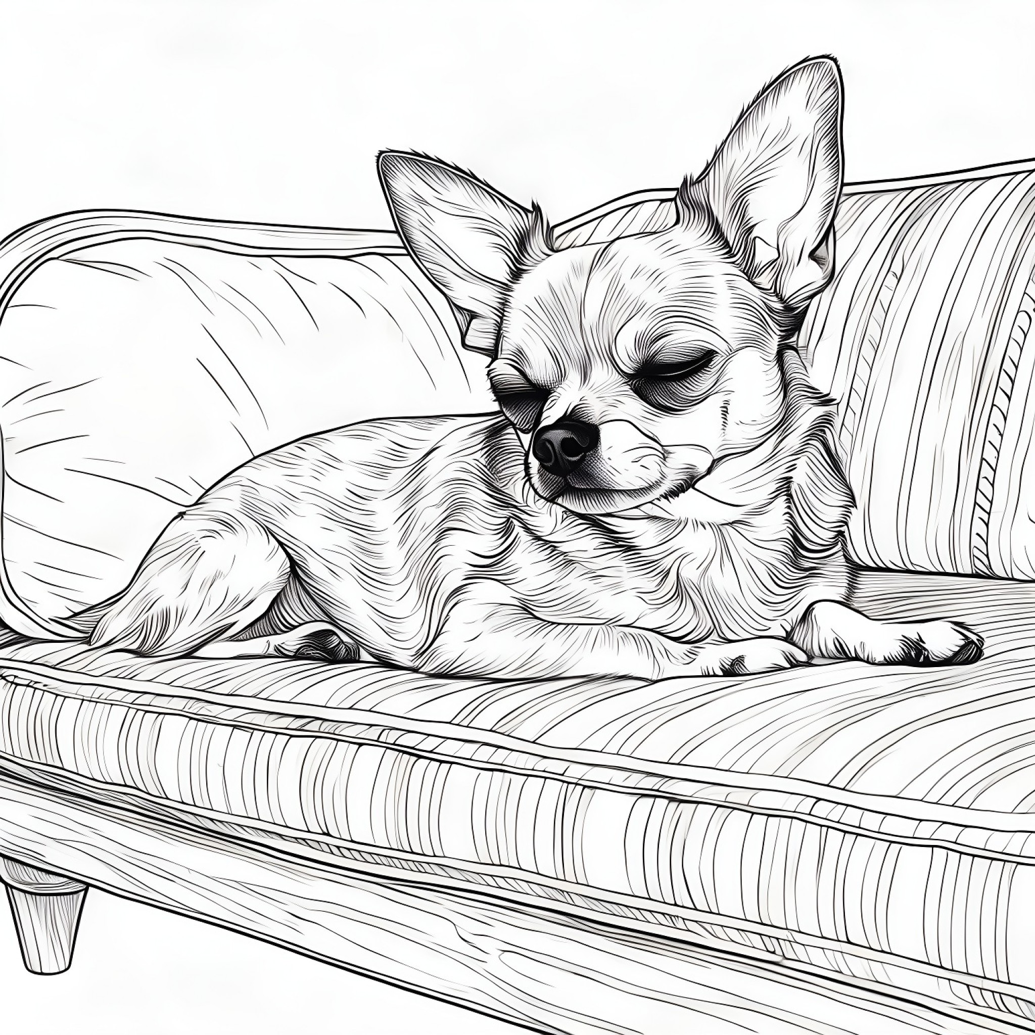 Chihuahua sleeping on a couch Coloring Page (free black-and-white line drawing printable PDF for all, from beginners to advanced learners, including children, teens, adults, and seniors)