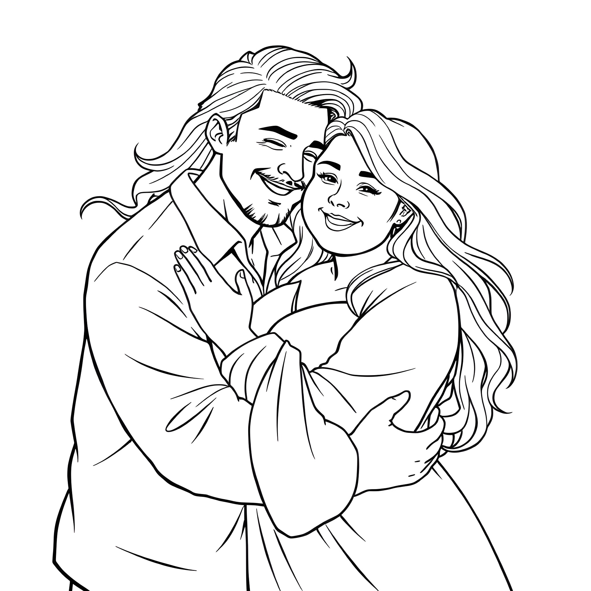 Man and woman embracing affectionately Coloring Page (free black-and-white line drawing printable PDF for all, from beginners to advanced learners, including children, teens, adults, and seniors)