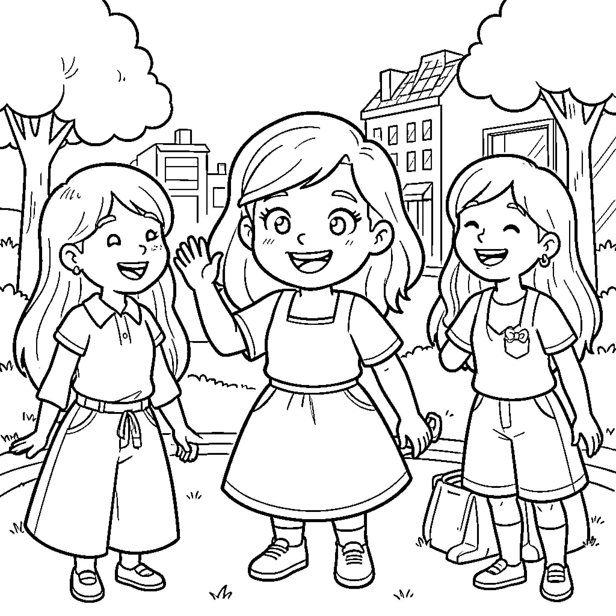 Pepa and two friends waving and laughing together Coloring Page (free black-and-white line drawing printable PDF for all, from beginners to advanced learners, including children, teens, adults, and seniors)