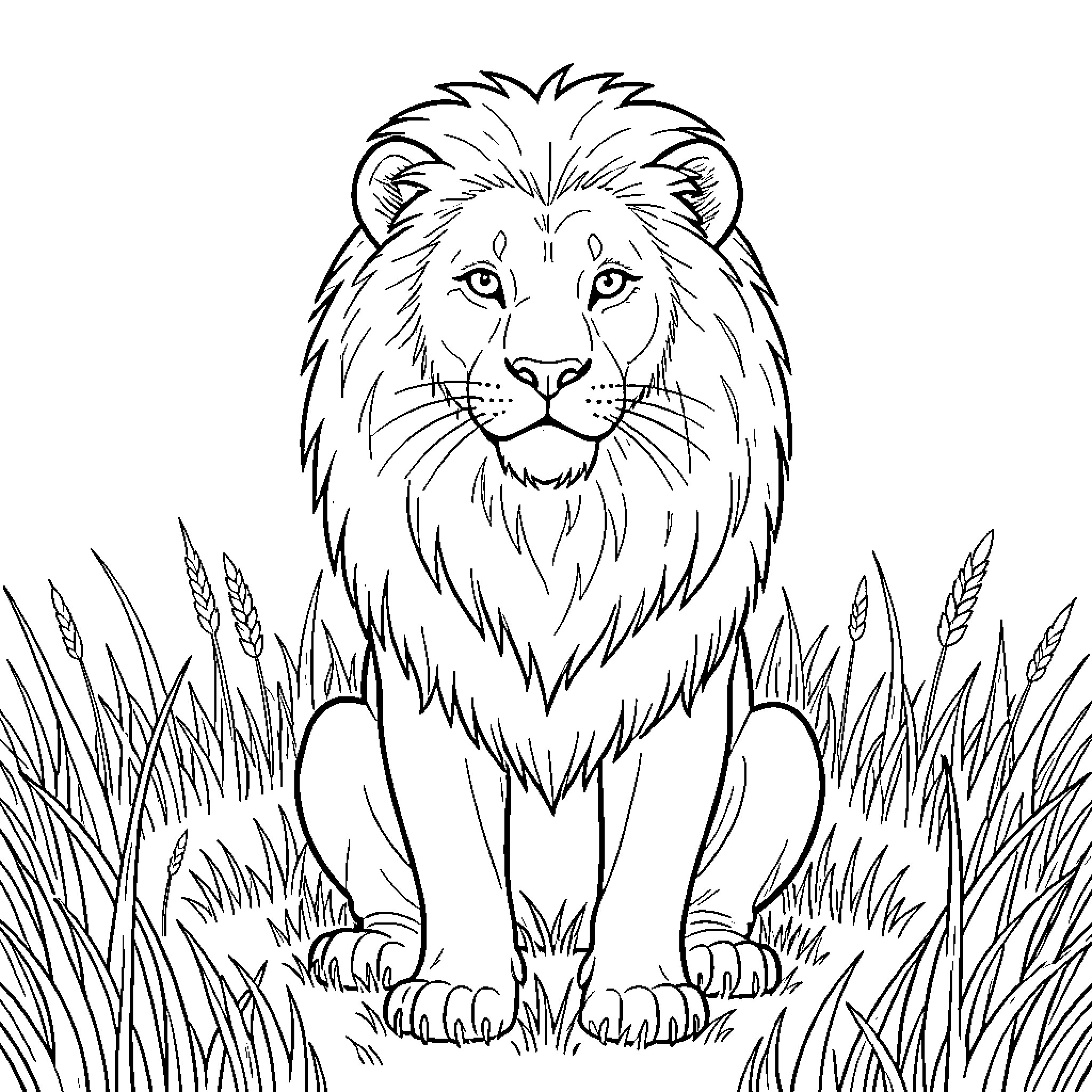 Lion Sitting in Grass Coloring Page (free black-and-white line drawing printable PDF for all, from beginners to advanced learners, including children, teens, adults, and seniors)