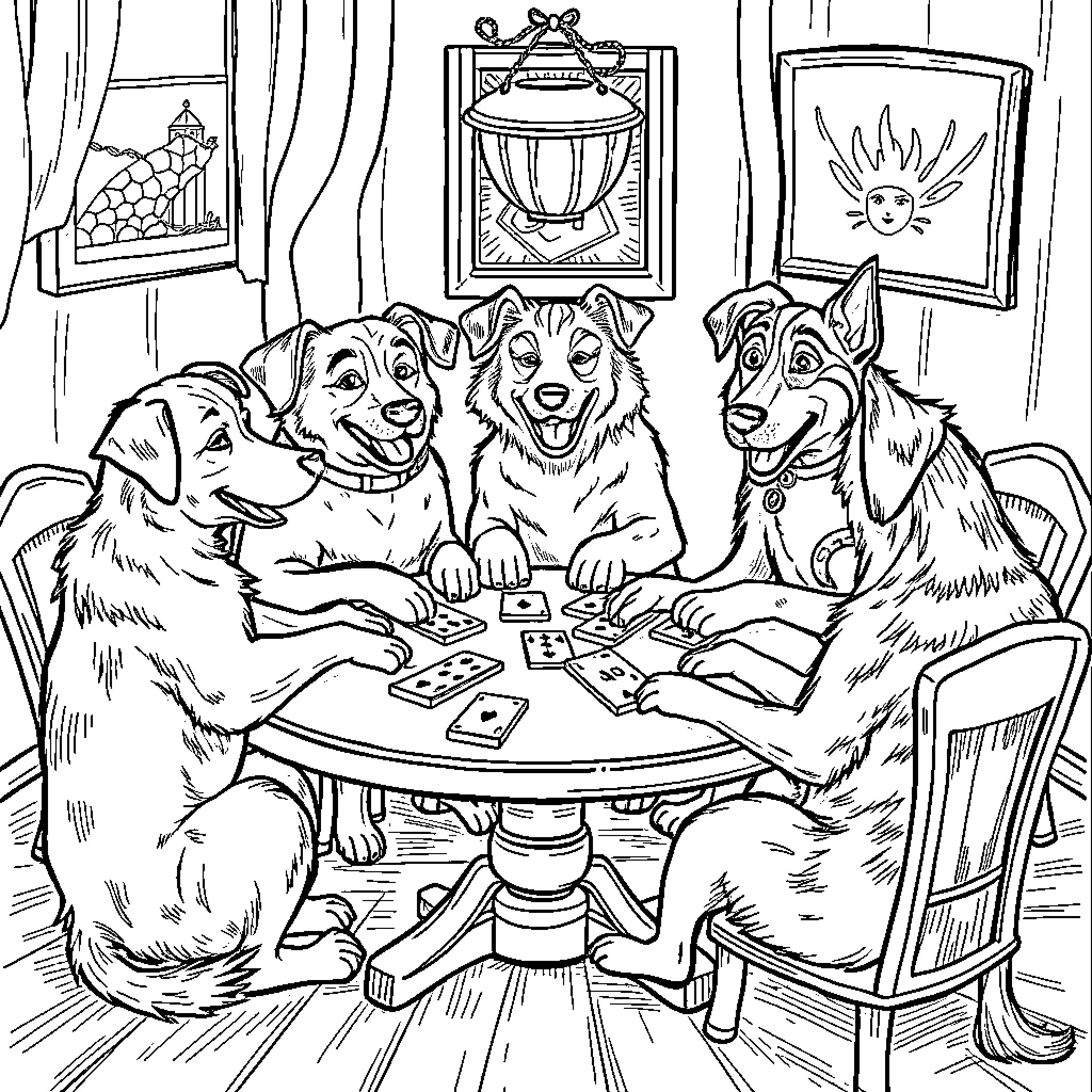 Dogs playing cards together in cozy room Coloring Page (free black-and-white line drawing printable PDF for all, from beginners to advanced learners, including children, teens, adults, and seniors)