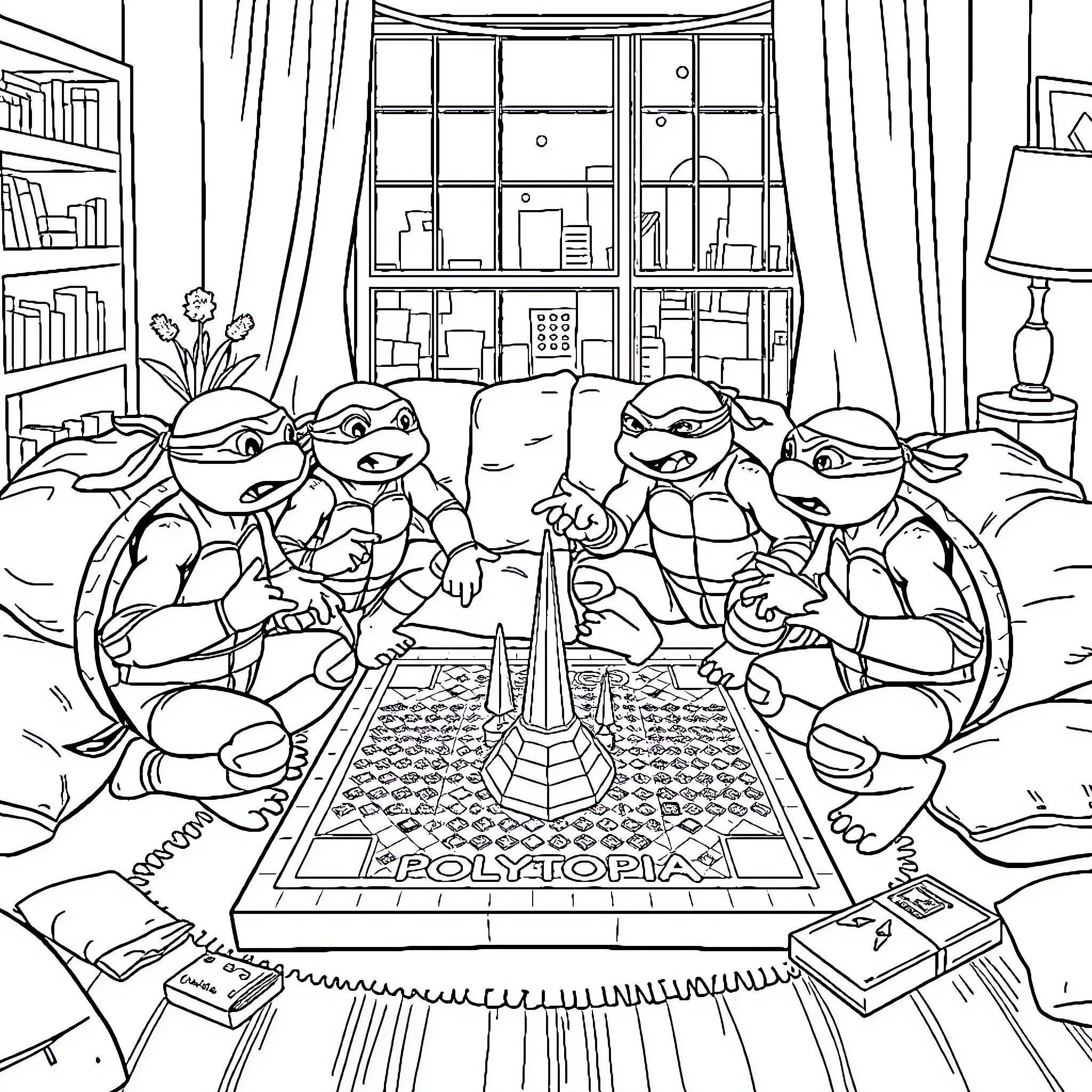Ninja Turtles playing a board game in their hideout Coloring Page (free black-and-white line drawing printable PDF for all, from beginners to advanced learners, including children, teens, adults, and seniors)