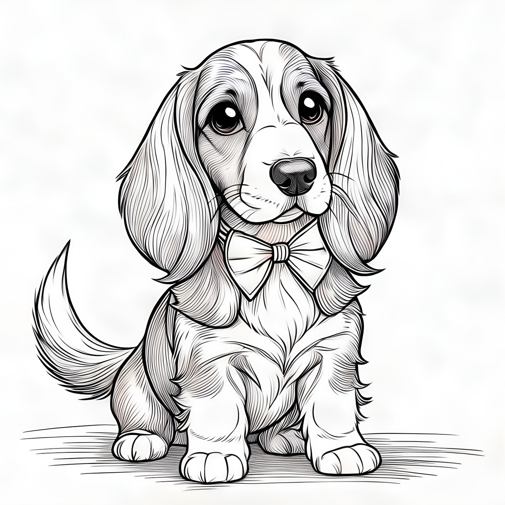 Basset Hound dressed for a party Coloring Page (free black-and-white line drawing printable PDF for all, from beginners to advanced learners, including children, teens, adults, and seniors)