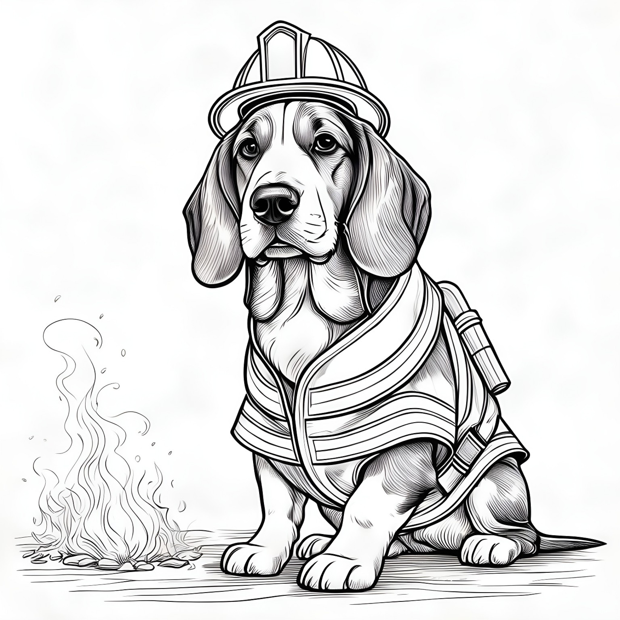 Basset Hound as a firefighter Coloring Page (free black-and-white line drawing printable PDF for all, from beginners to advanced learners, including children, teens, adults, and seniors)