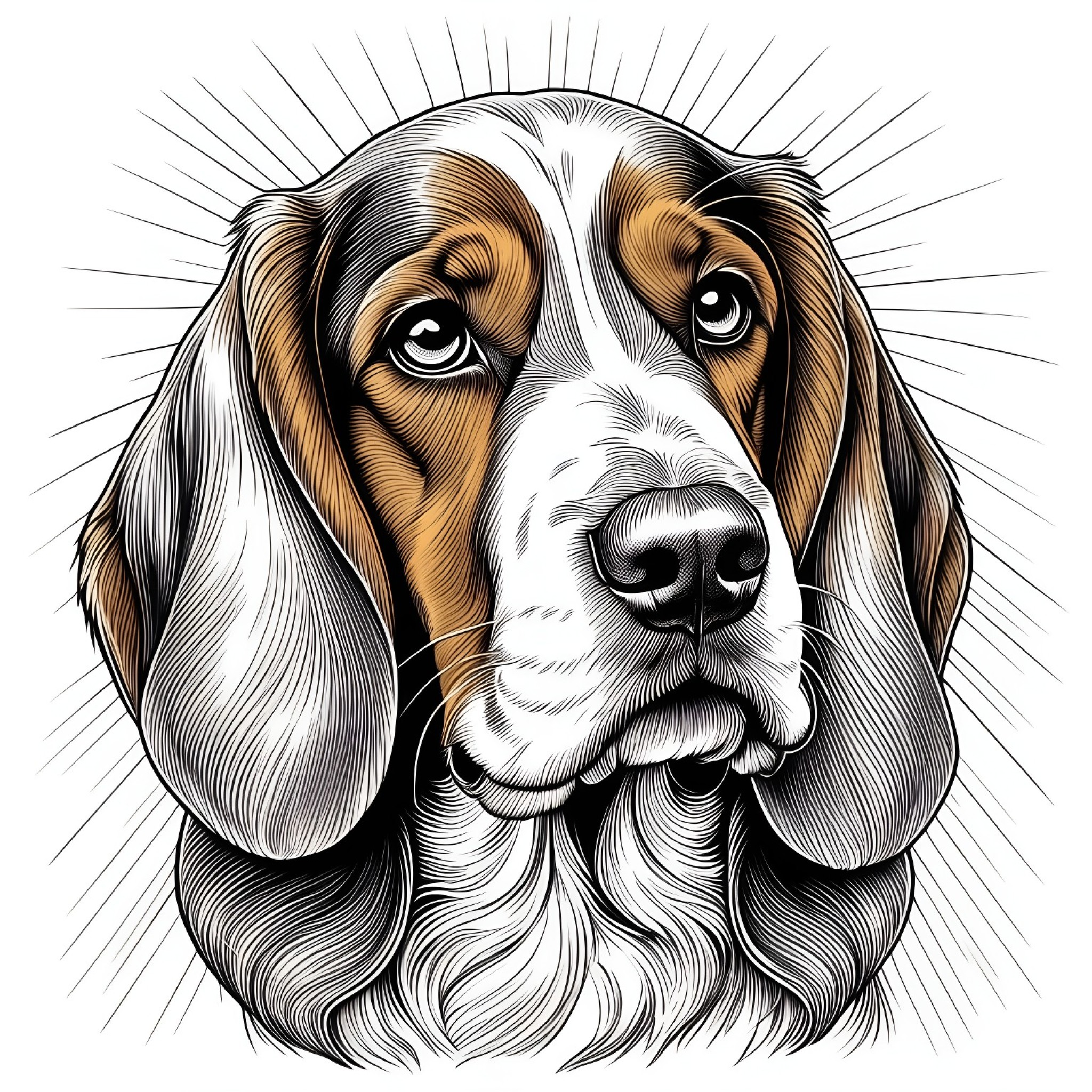 Basset Hound shining Coloring Page (free black-and-white line drawing printable PDF for all, from beginners to advanced learners, including children, teens, adults, and seniors)