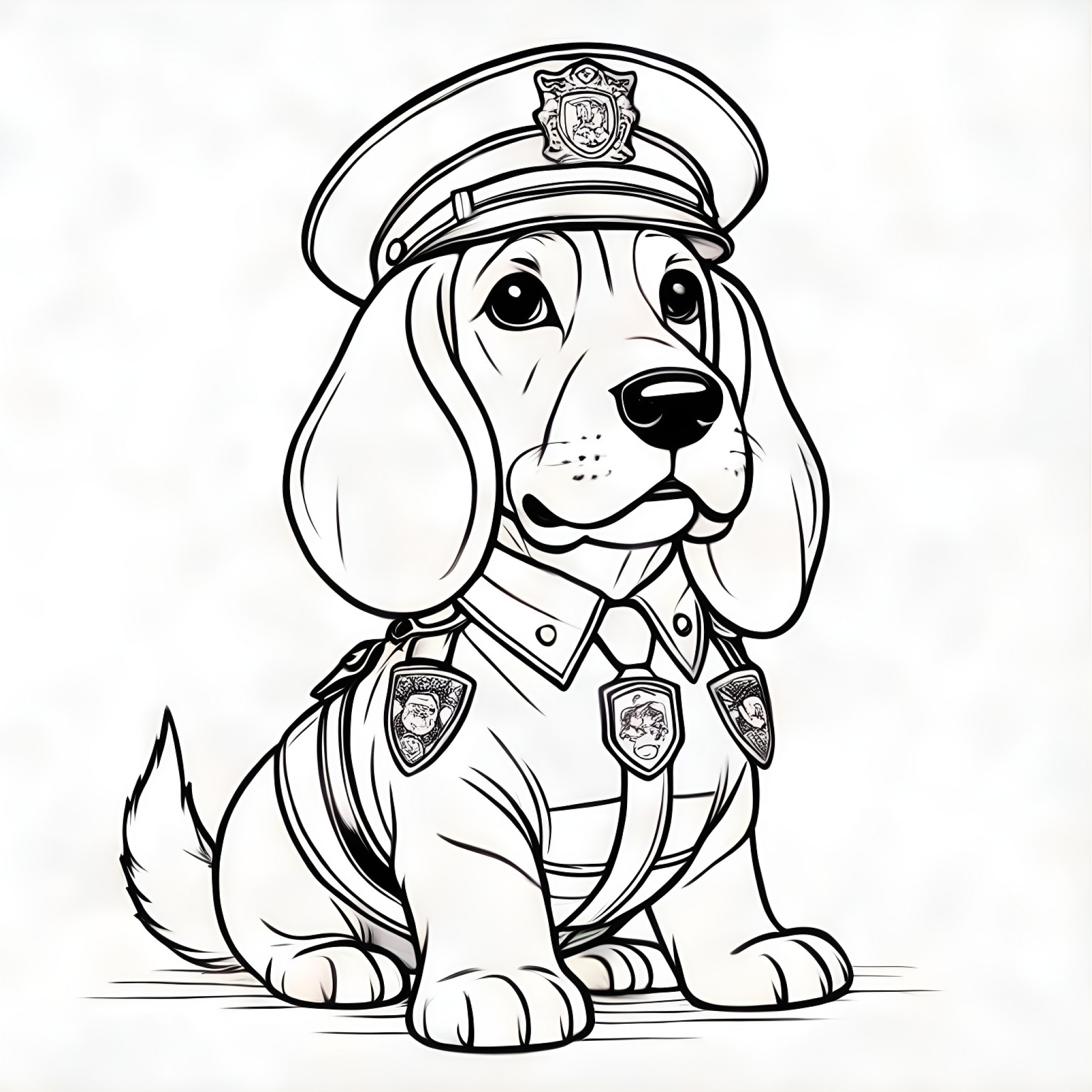 Basset Hound as a police Coloring Page (free black-and-white line drawing printable PDF for all, from beginners to advanced learners, including children, teens, adults, and seniors)
