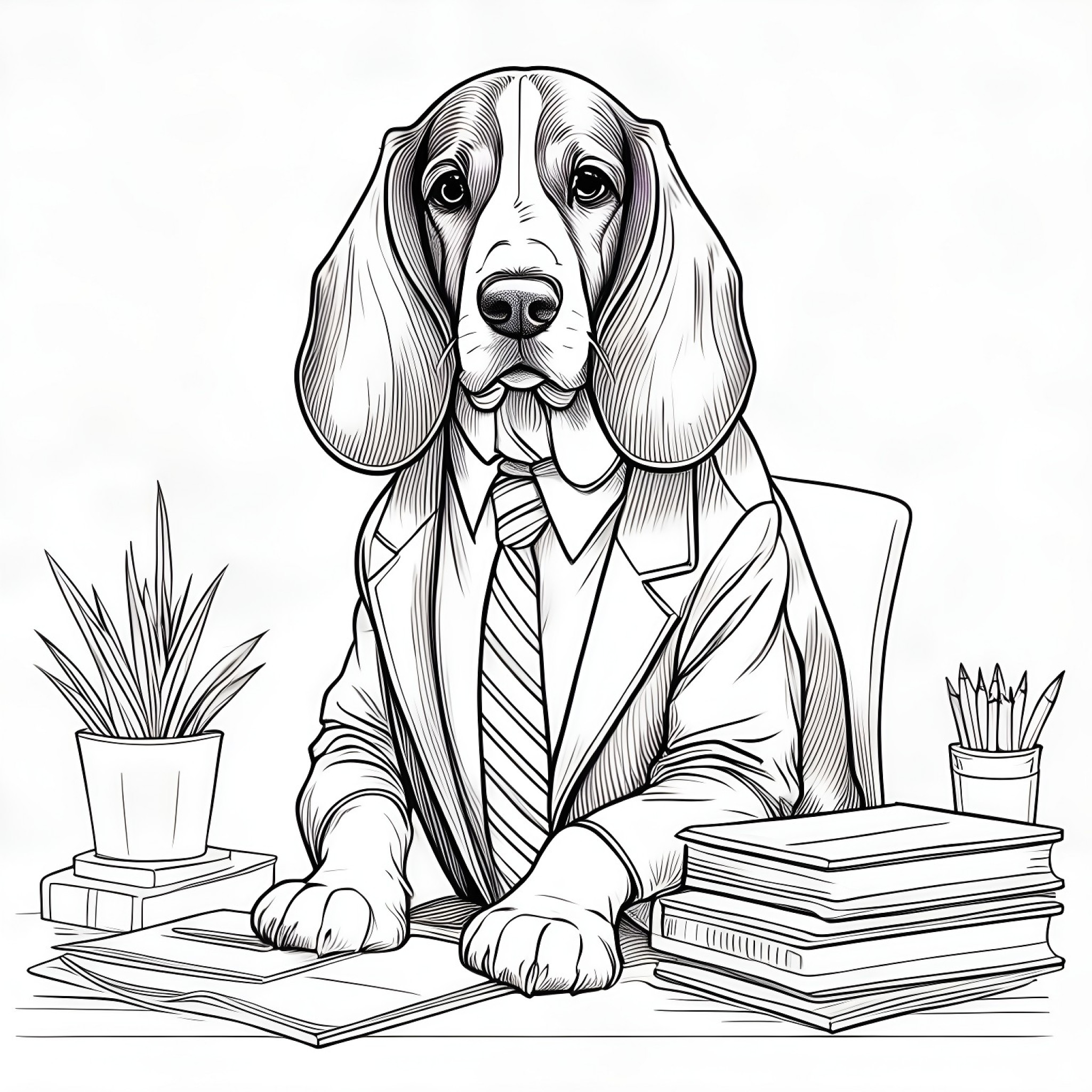 Basset Hound as an office worker Coloring Page (free black-and-white line drawing printable PDF for all, from beginners to advanced learners, including children, teens, adults, and seniors)