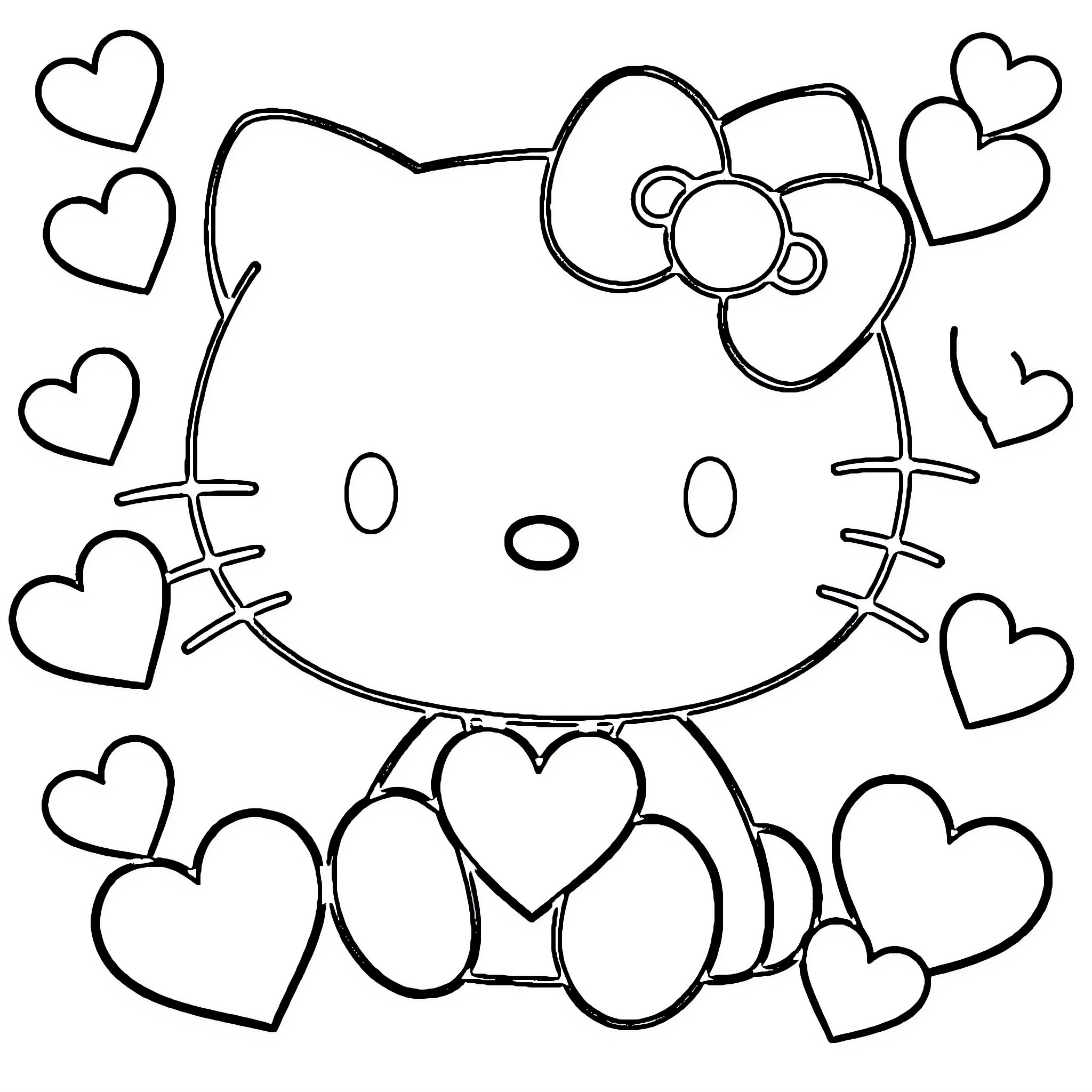 Hello Kitty surrounded by hearts Coloring Page (free black-and-white line drawing printable PDF for all, from beginners to advanced learners, including children, teens, adults, and seniors)