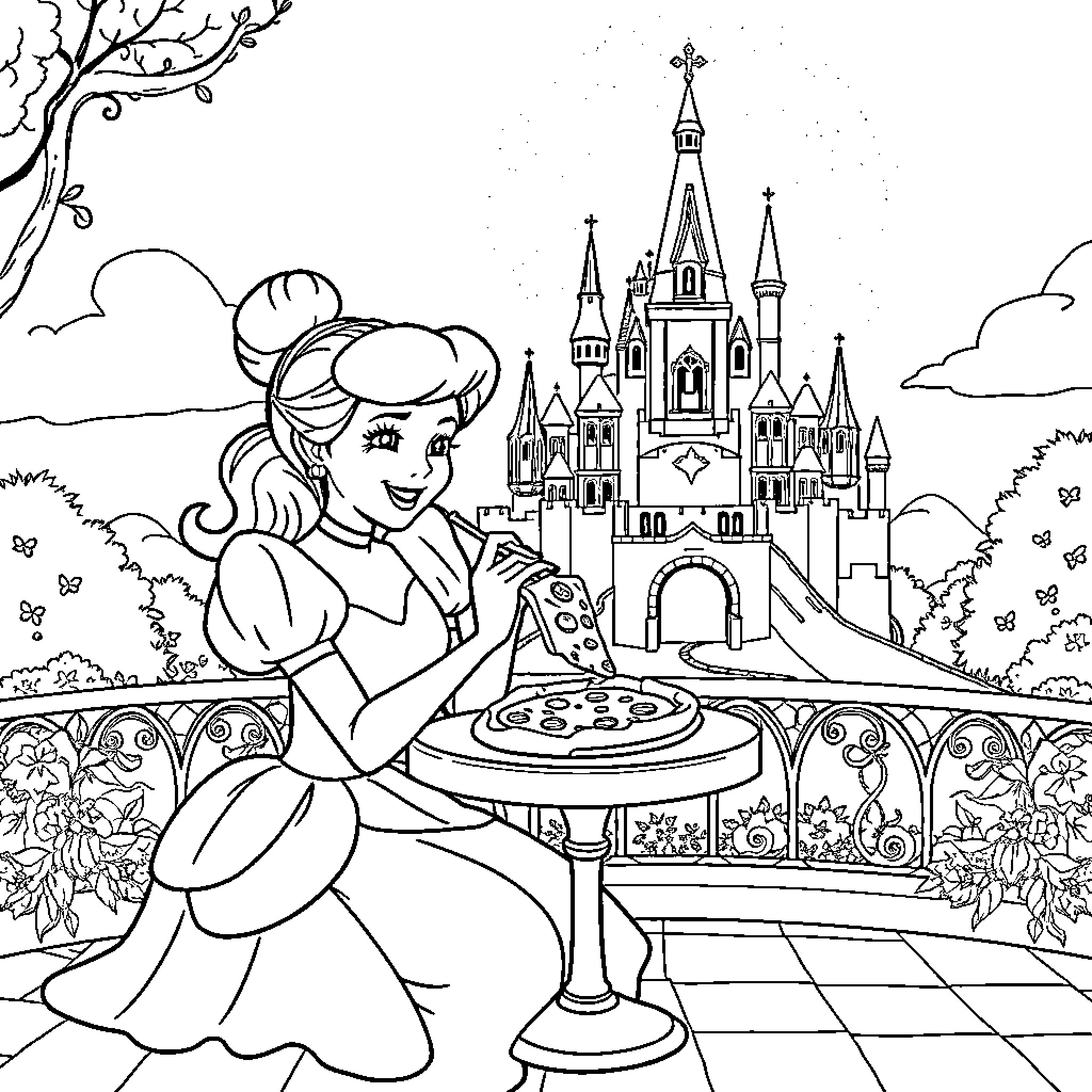 Cinderella serving treats in the castle courtyard Coloring Page (free black-and-white line drawing printable PDF for all, from beginners to advanced learners, including children, teens, adults, and seniors)