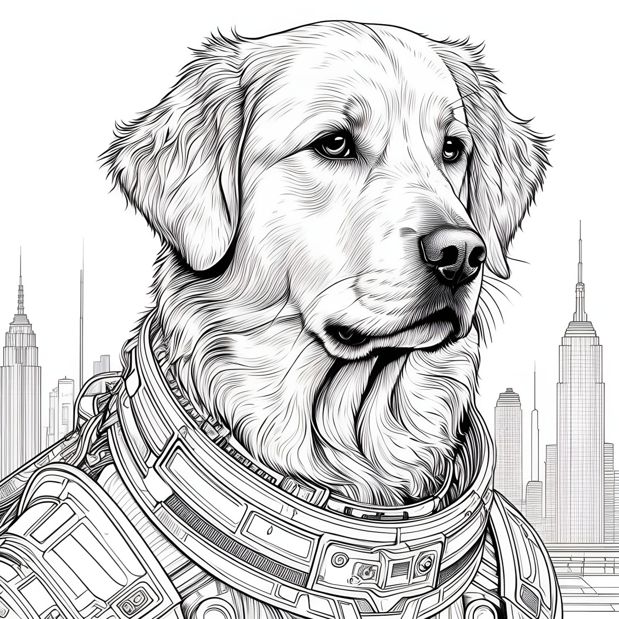 Golden Retriever in a cyberpunk style Coloring Page (free black-and-white line drawing printable PDF for all, from beginners to advanced learners, including children, teens, adults, and seniors)