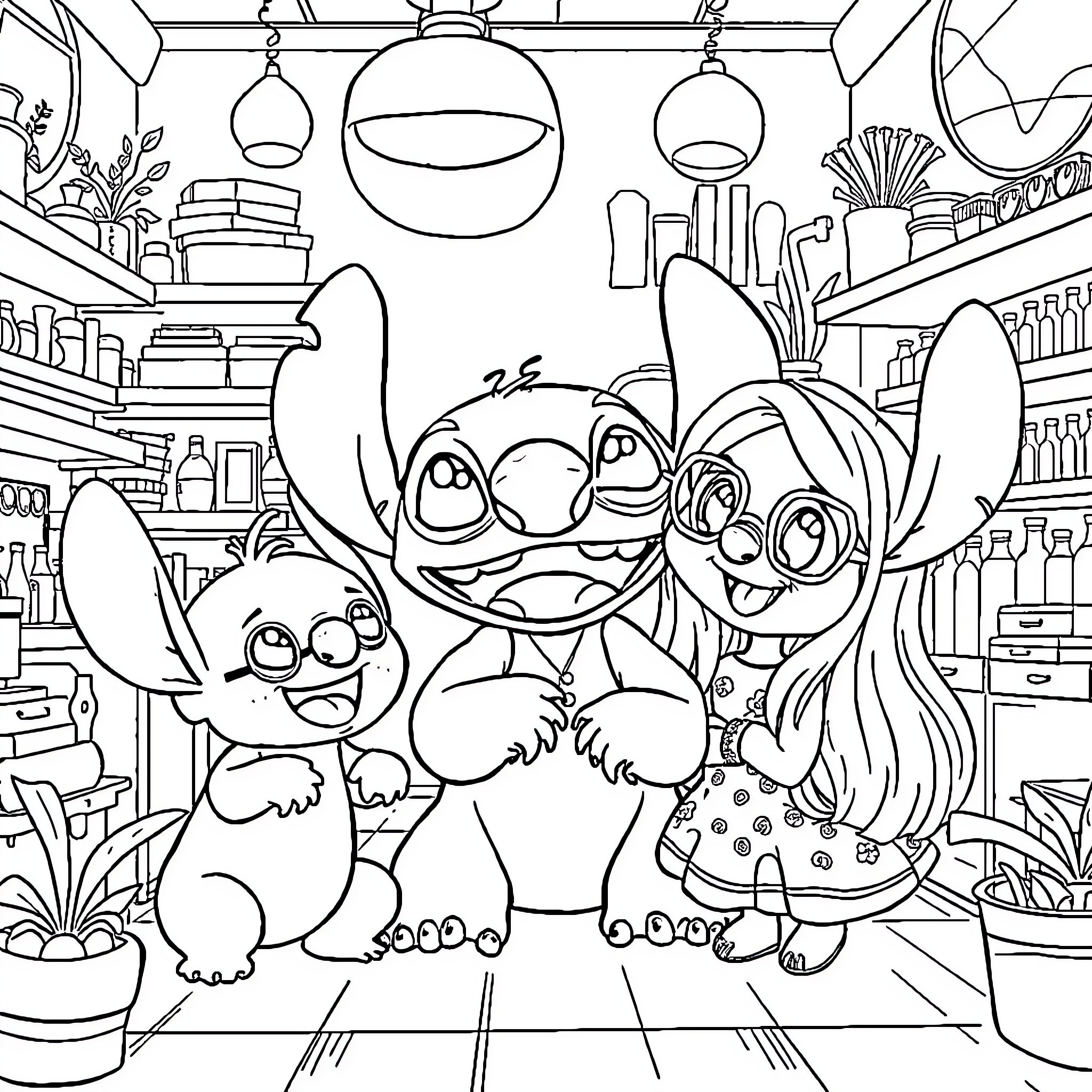 Stitch and Friends Explore a Cozy Home Coloring Page (free black-and-white line drawing printable PDF for all, from beginners to advanced learners, including children, teens, adults, and seniors)