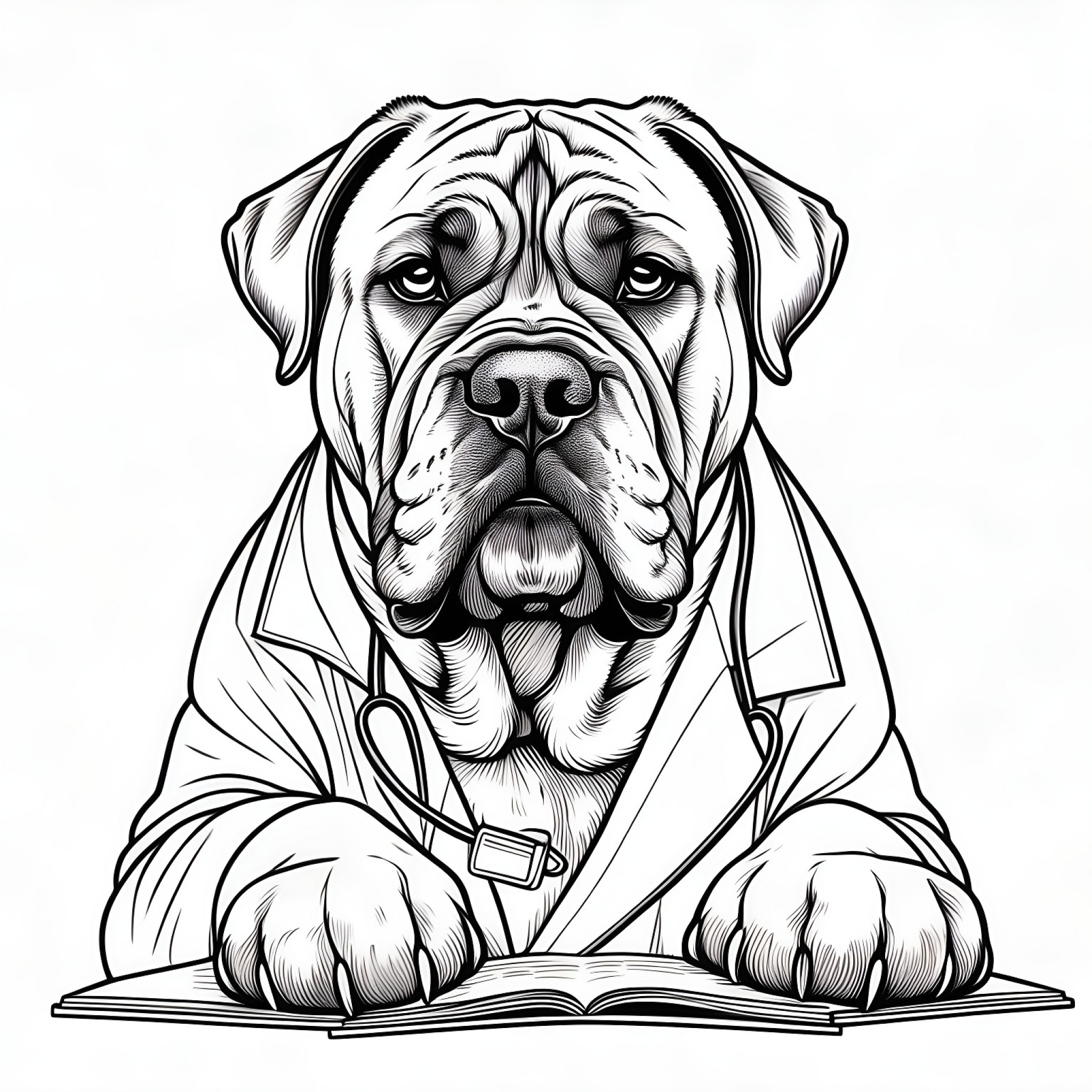 Mastiff as a doctor Coloring Page (free black-and-white line drawing printable PDF for all, from beginners to advanced learners, including children, teens, adults, and seniors)