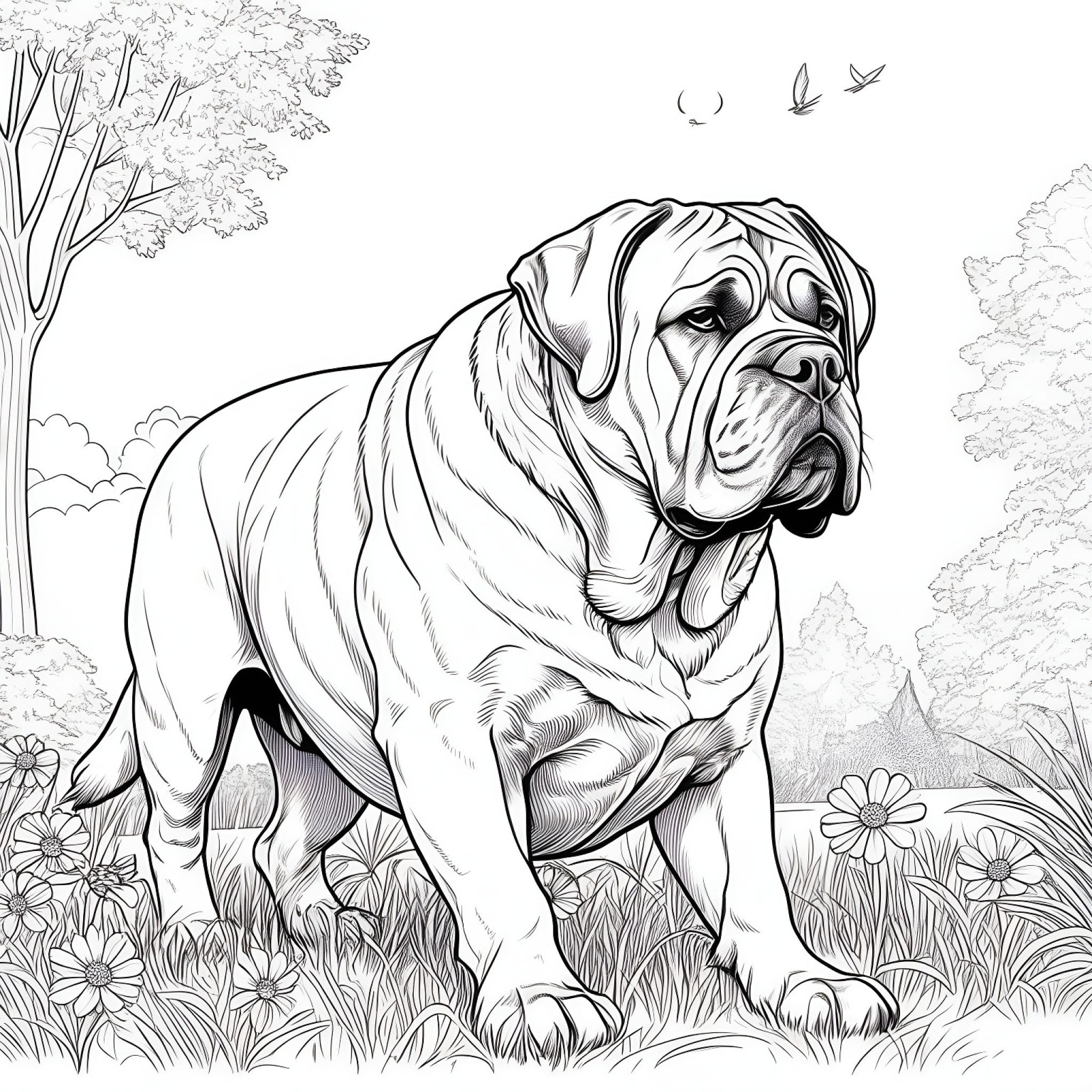 Mastiff in a park Coloring Page (free black-and-white line drawing printable PDF for all, from beginners to advanced learners, including children, teens, adults, and seniors)