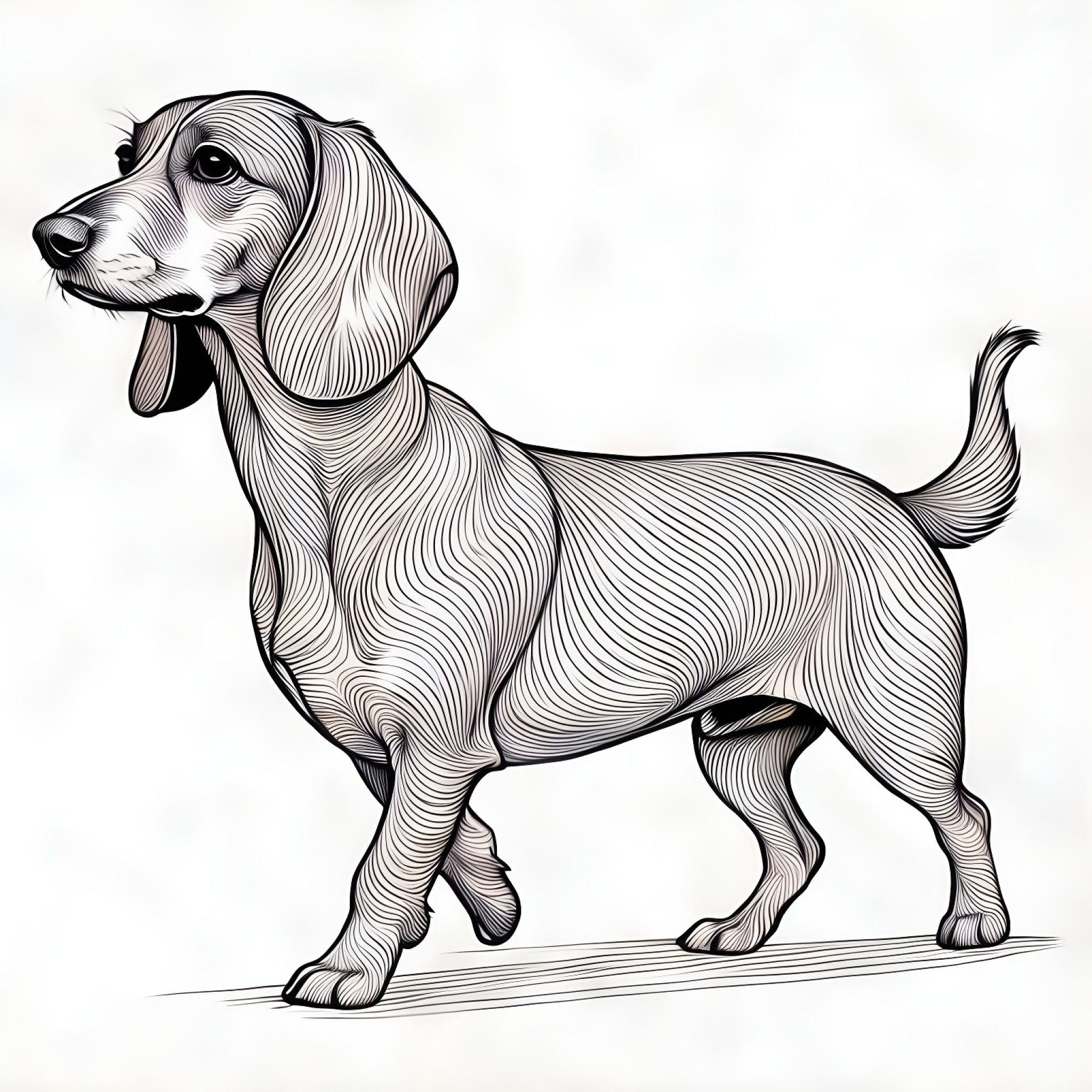 Dachshund walking Coloring Page (free black-and-white line drawing printable PDF for all, from beginners to advanced learners, including children, teens, adults, and seniors)