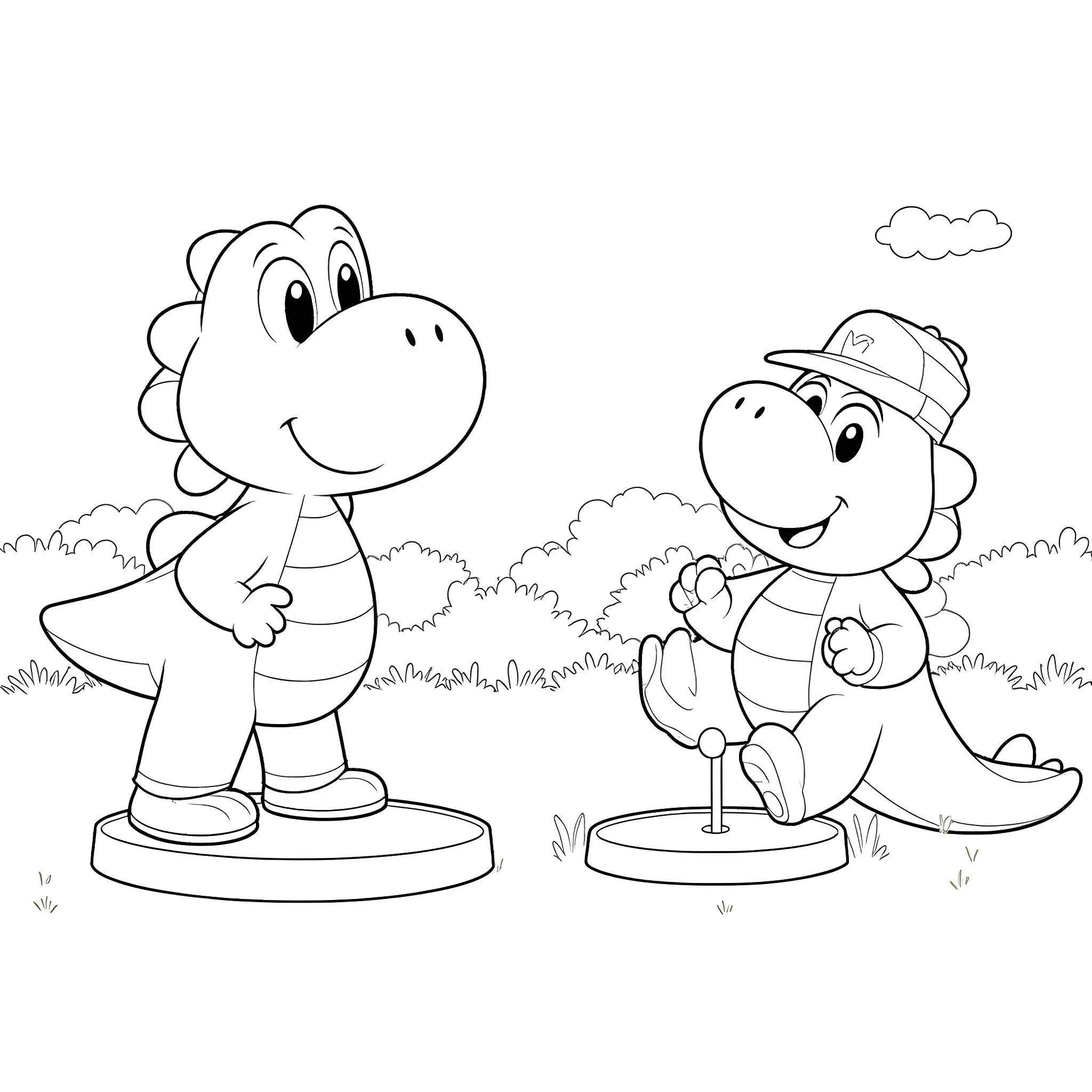 Yoshi's Friendly Adventure Coloring Page (free black-and-white line drawing printable PDF for all, from beginners to advanced learners, including children, teens, adults, and seniors)