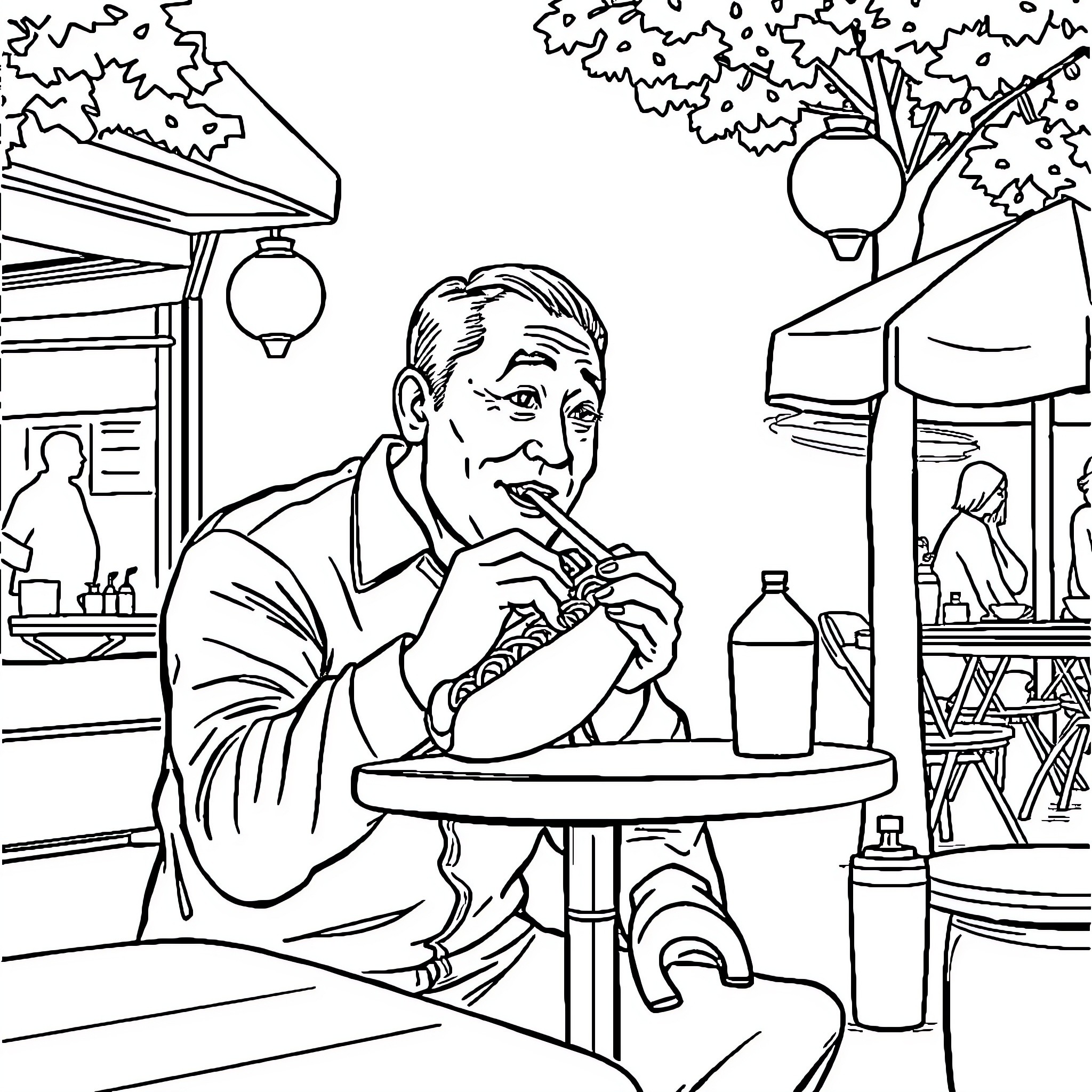 Chinese Man enjoying a drink at outdoor cafe Coloring Page (free black-and-white line drawing printable PDF for all, from beginners to advanced learners, including children, teens, adults, and seniors)