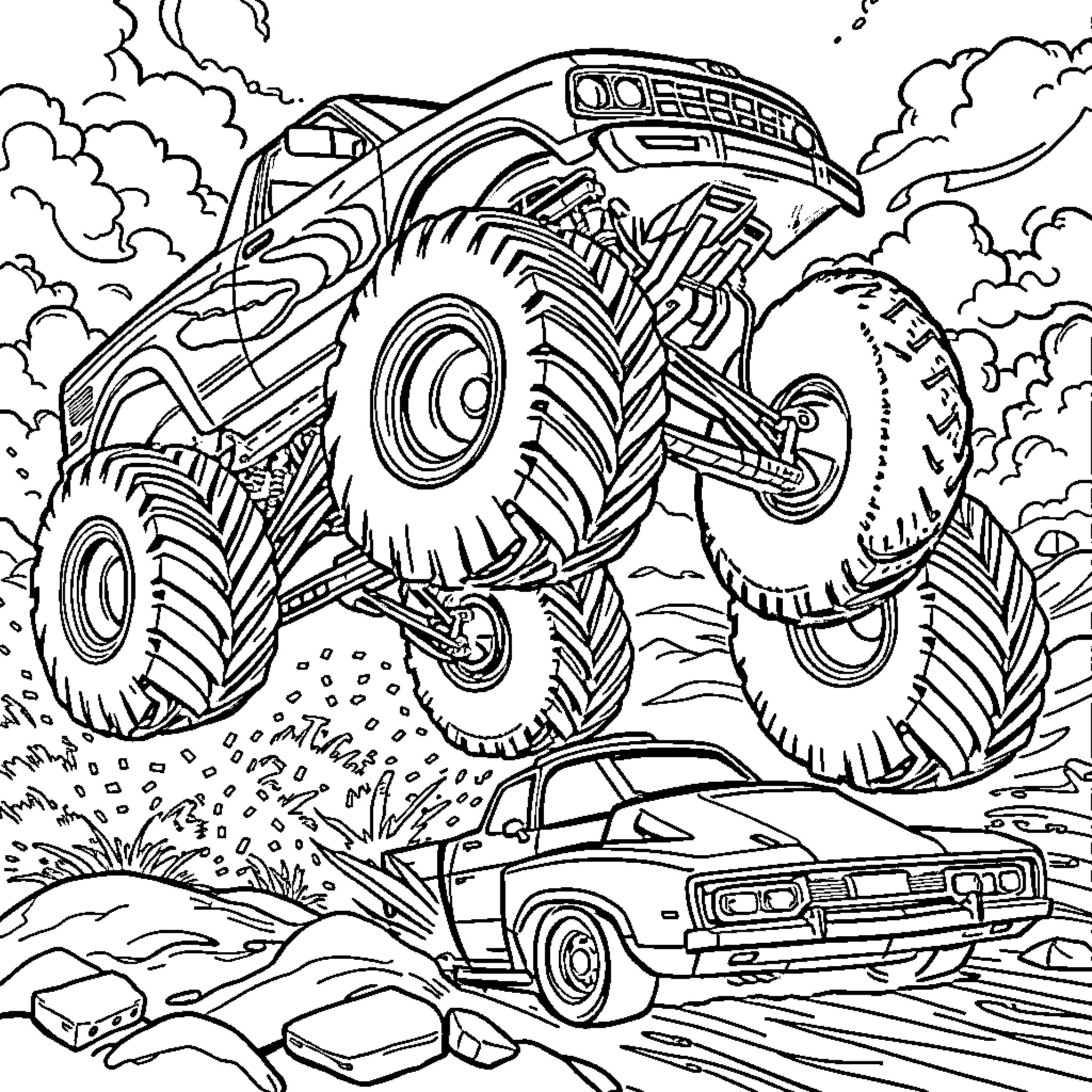 Monster Truck Crushing Cars in Rugged Terrain Coloring Page (free black-and-white line drawing printable PDF for all, from beginners to advanced learners, including children, teens, adults, and seniors)