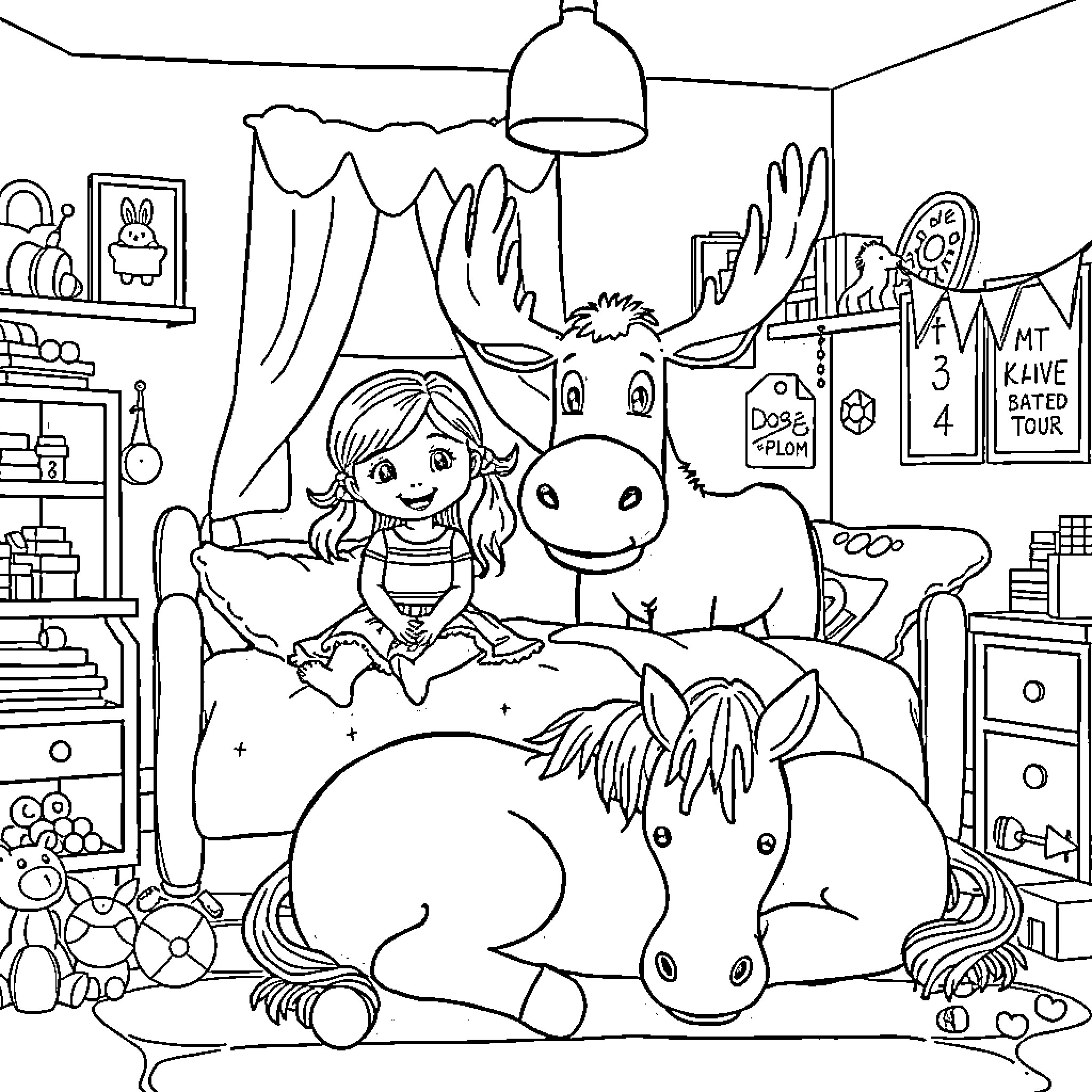 Girl playing with friendly pets in bedroom Coloring Page (free black-and-white line drawing printable PDF for all, from beginners to advanced learners, including children, teens, adults, and seniors)