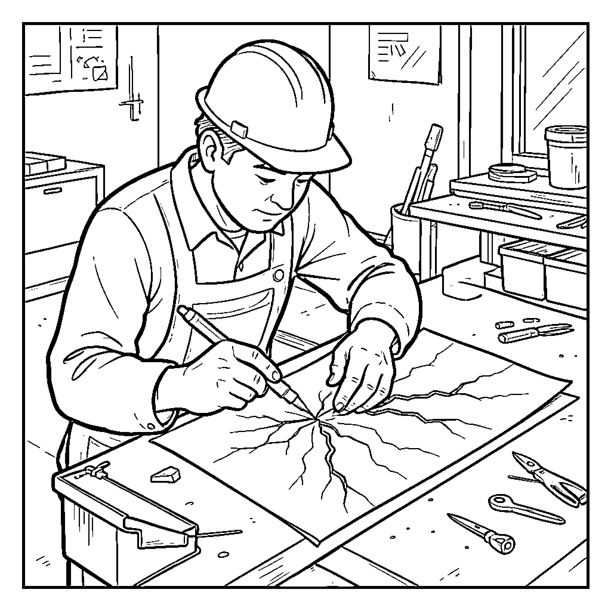 Line drawing of a worker in a hard hat examining cracks on a sheet Coloring Page (free black-and-white line drawing printable PDF for all, from beginners to advanced learners, including children, teens, adults, and seniors)