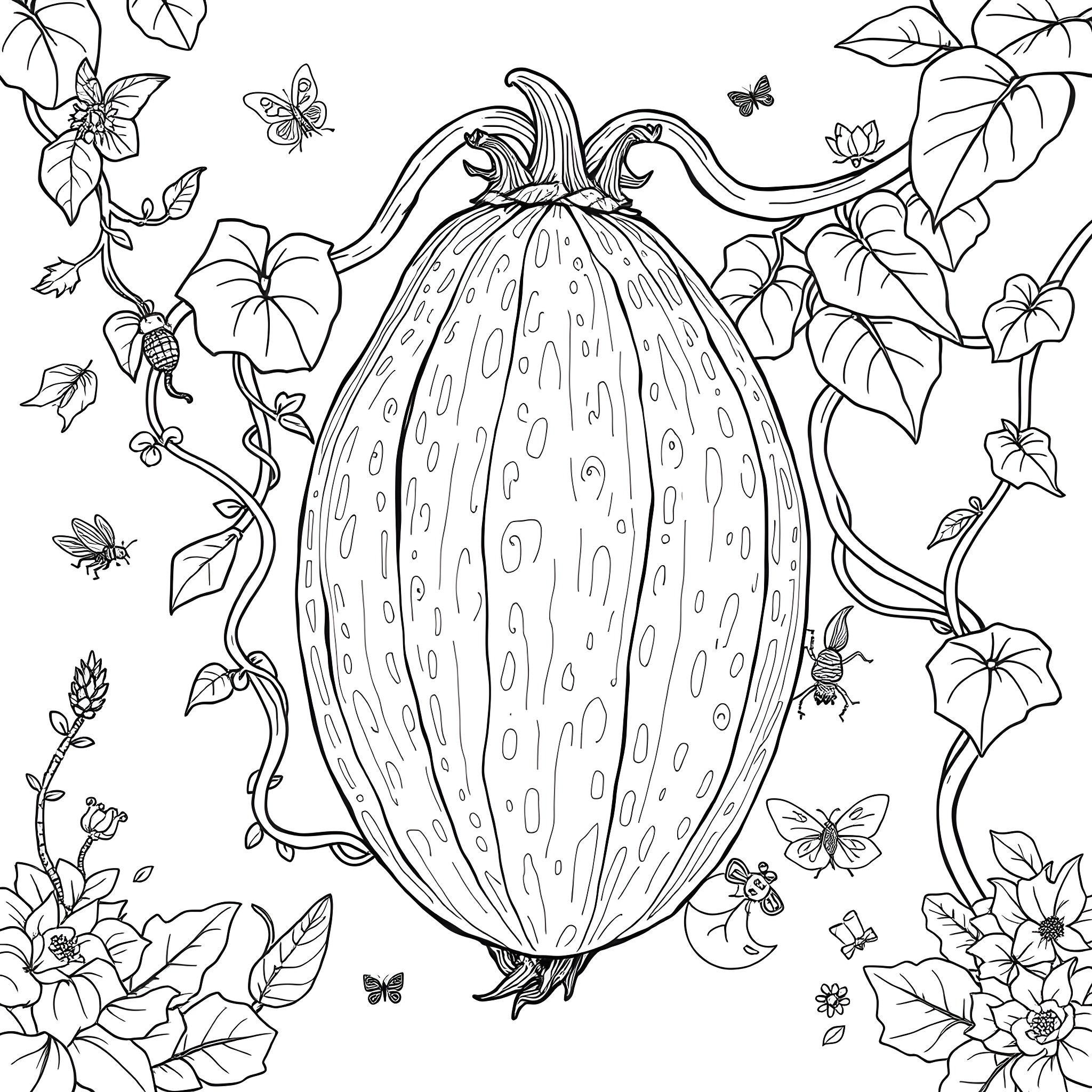 Vegetable surrounded by nature and butterflies Coloring Page (free black-and-white line drawing printable PDF for all, from beginners to advanced learners, including children, teens, adults, and seniors)