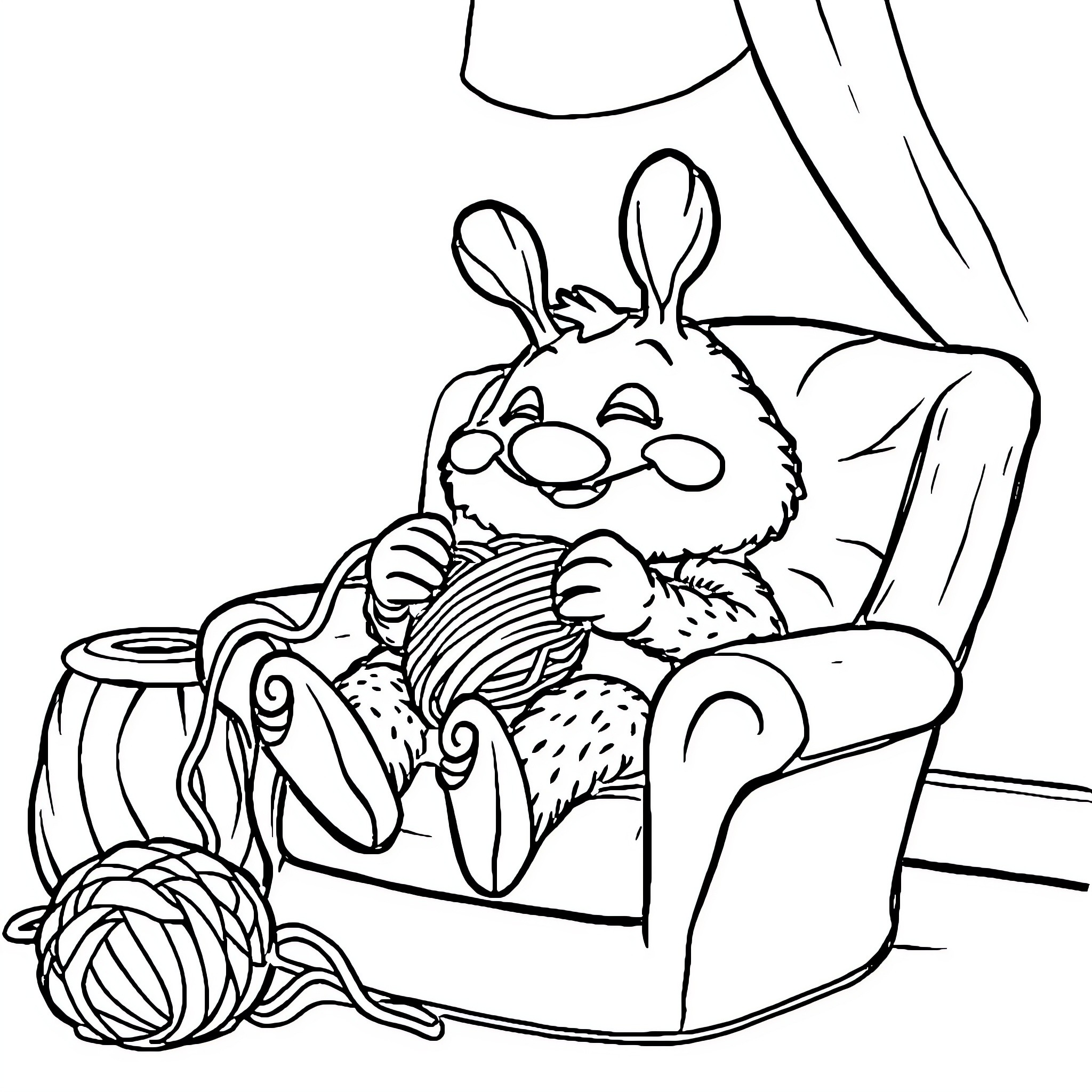 Goombrat relaxing comfortably in cozy chair Coloring Page (free black-and-white line drawing printable PDF for all, from beginners to advanced learners, including children, teens, adults, and seniors)