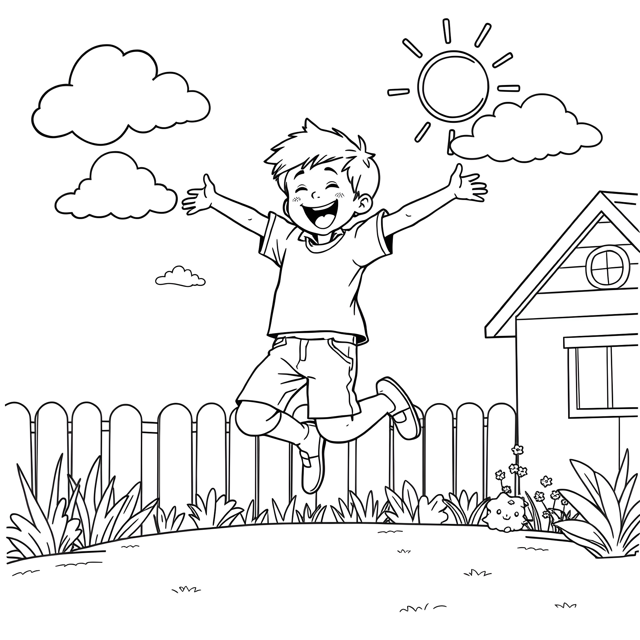 Boy happily jumping in a sunny backyard Coloring Page (free black-and-white line drawing printable PDF for all, from beginners to advanced learners, including children, teens, adults, and seniors)