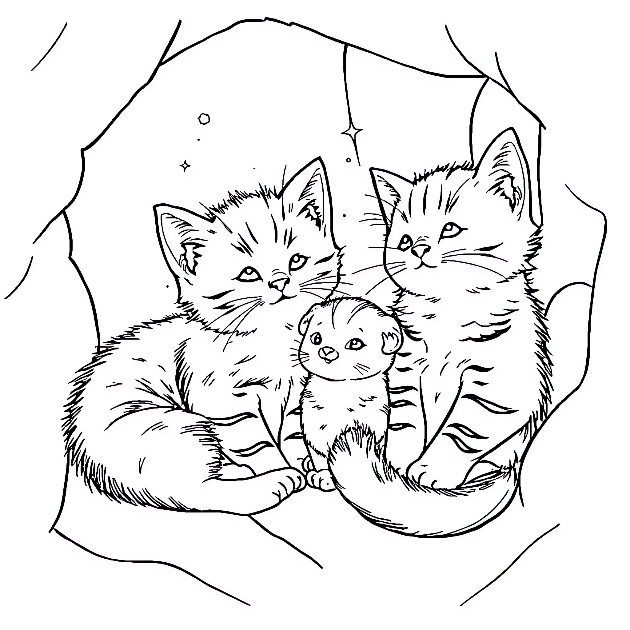 Animal kittens cuddling in the forest Coloring Page (free black-and-white line drawing printable PDF for all, from beginners to advanced learners, including children, teens, adults, and seniors)