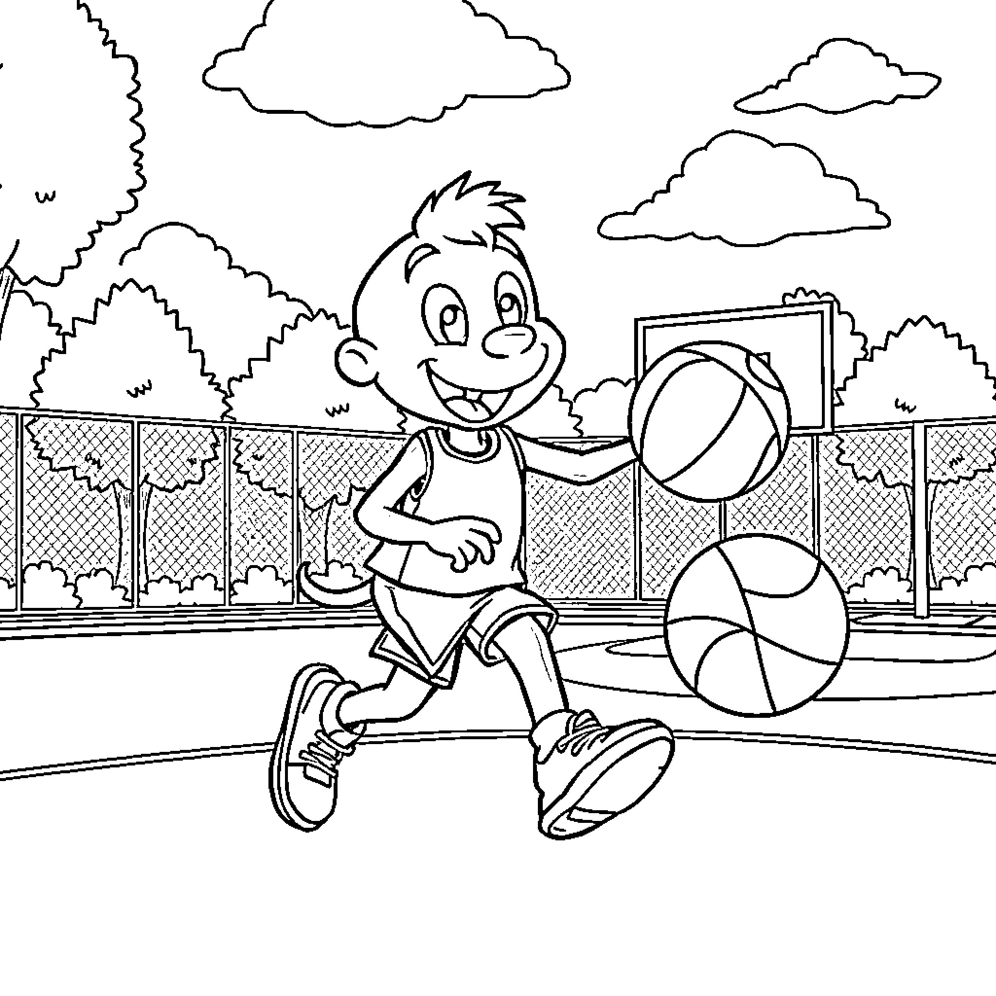 Bluey Playing with His Ball at the Park Coloring Page (free black-and-white line drawing printable PDF for all, from beginners to advanced learners, including children, teens, adults, and seniors)