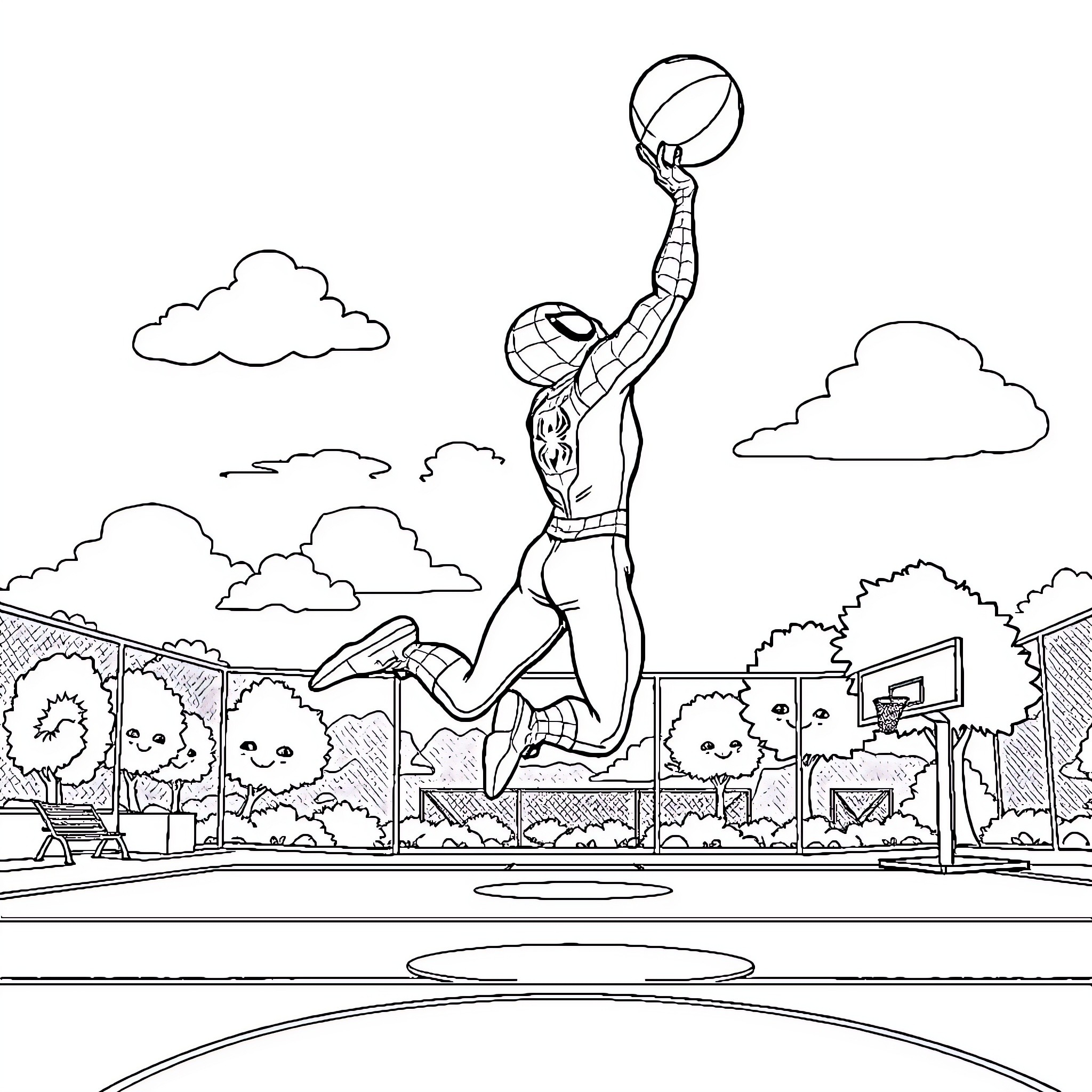 Spider-Man leaping and dunking a basketball Coloring Page (free black-and-white line drawing printable PDF for all, from beginners to advanced learners, including children, teens, adults, and seniors)