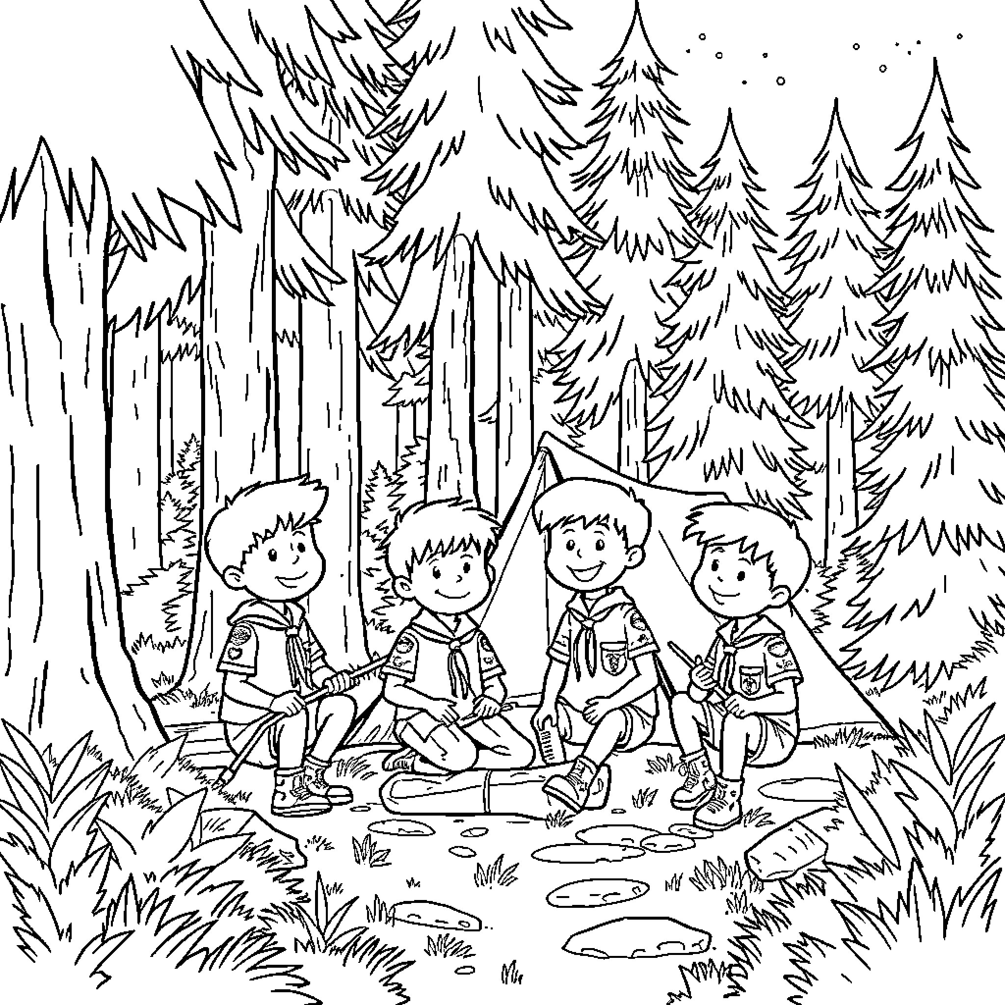 Cub Scouts enjoy outdoor adventure in the forest Coloring Page (free black-and-white line drawing printable PDF for all, from beginners to advanced learners, including children, teens, adults, and seniors)