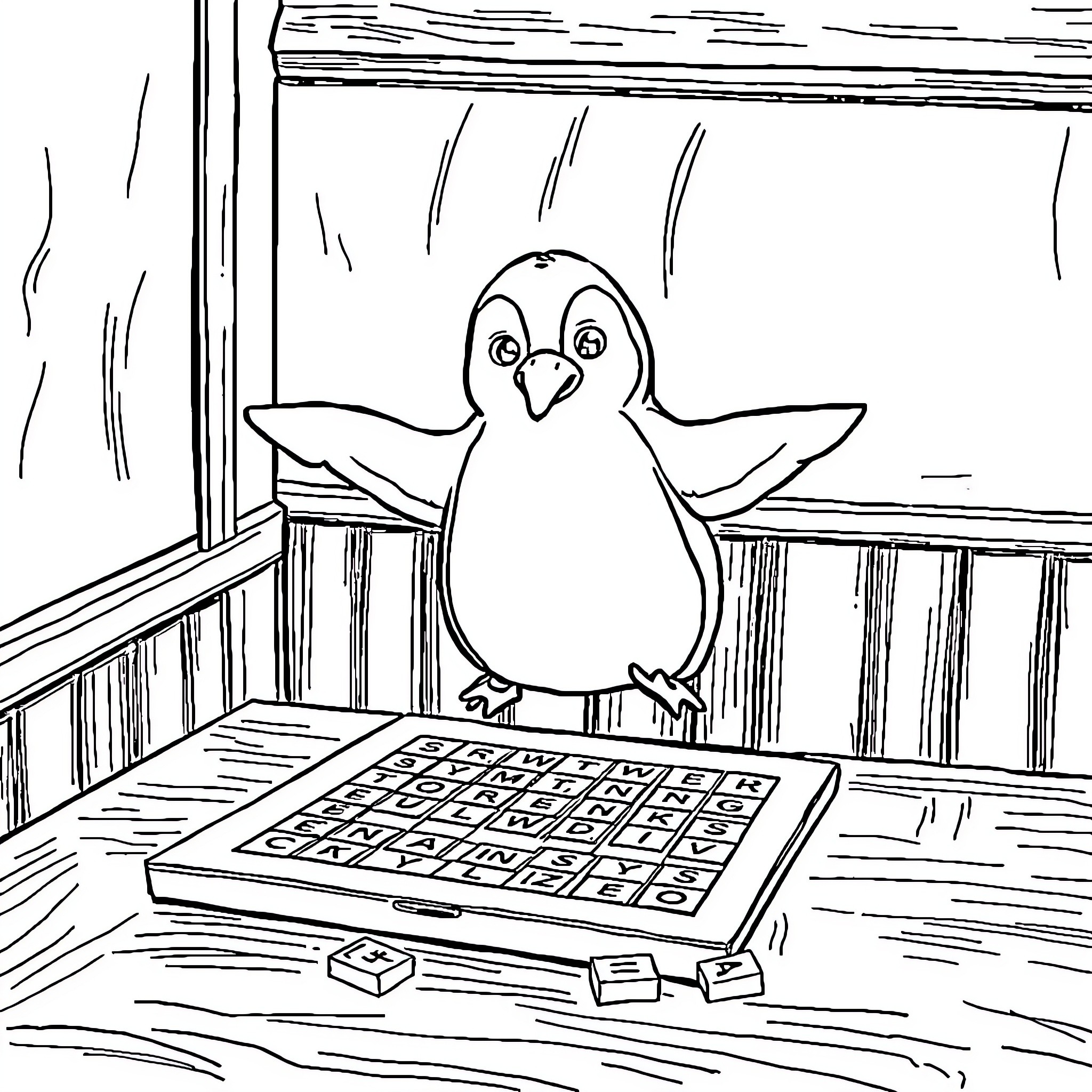 Penguin sitting on a desk with a keyboard Coloring Page (free black-and-white line drawing printable PDF for all, from beginners to advanced learners, including children, teens, adults, and seniors)