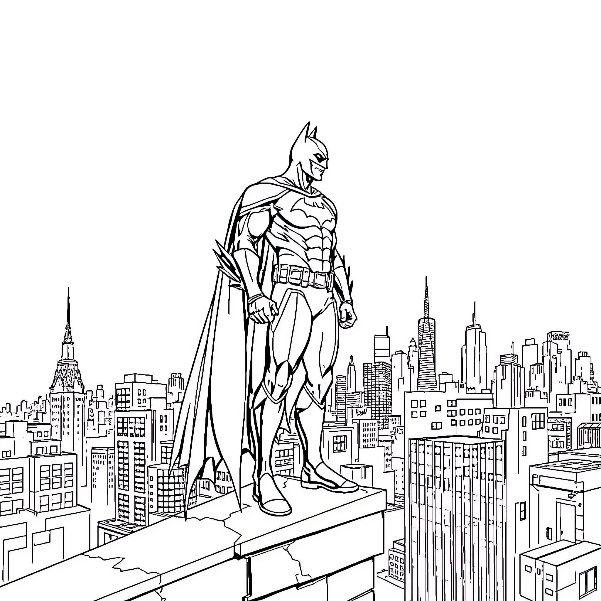 Batman overlooking the city skyline Coloring Page (free black-and-white line drawing printable PDF for all, from beginners to advanced learners, including children, teens, adults, and seniors)