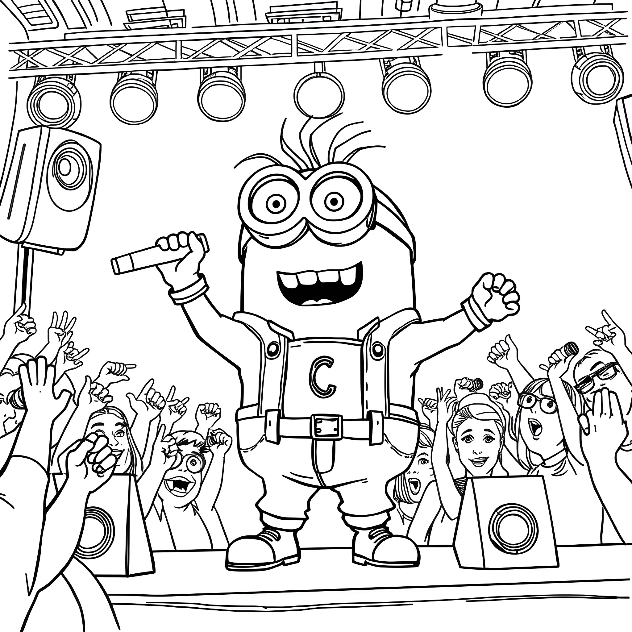 Minion performing on stage with excited crowd Coloring Page (free black-and-white line drawing printable PDF for all, from beginners to advanced learners, including children, teens, adults, and seniors)
