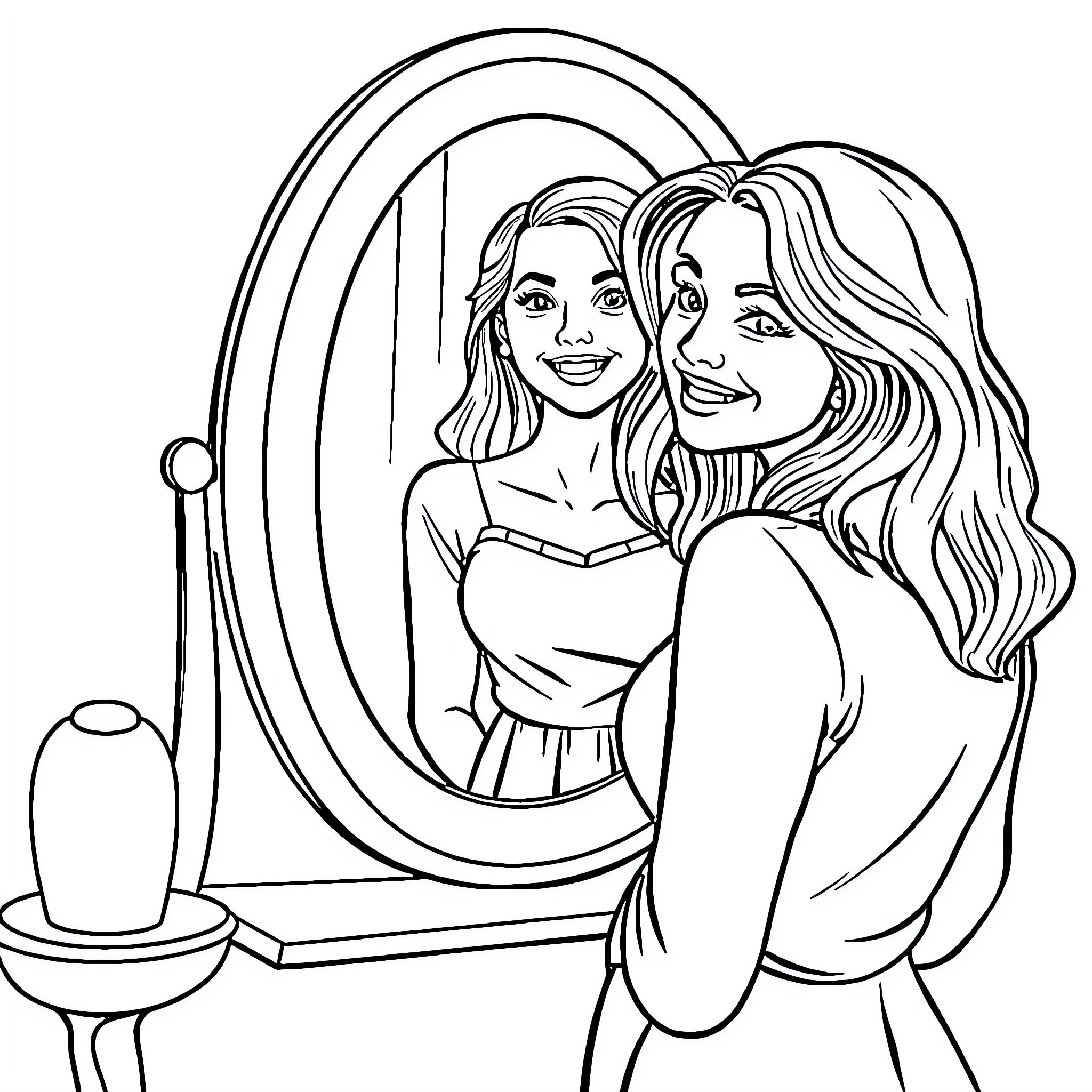 Lady admiring her reflection in the mirror Coloring Page (free black-and-white line drawing printable PDF for all, from beginners to advanced learners, including children, teens, adults, and seniors)