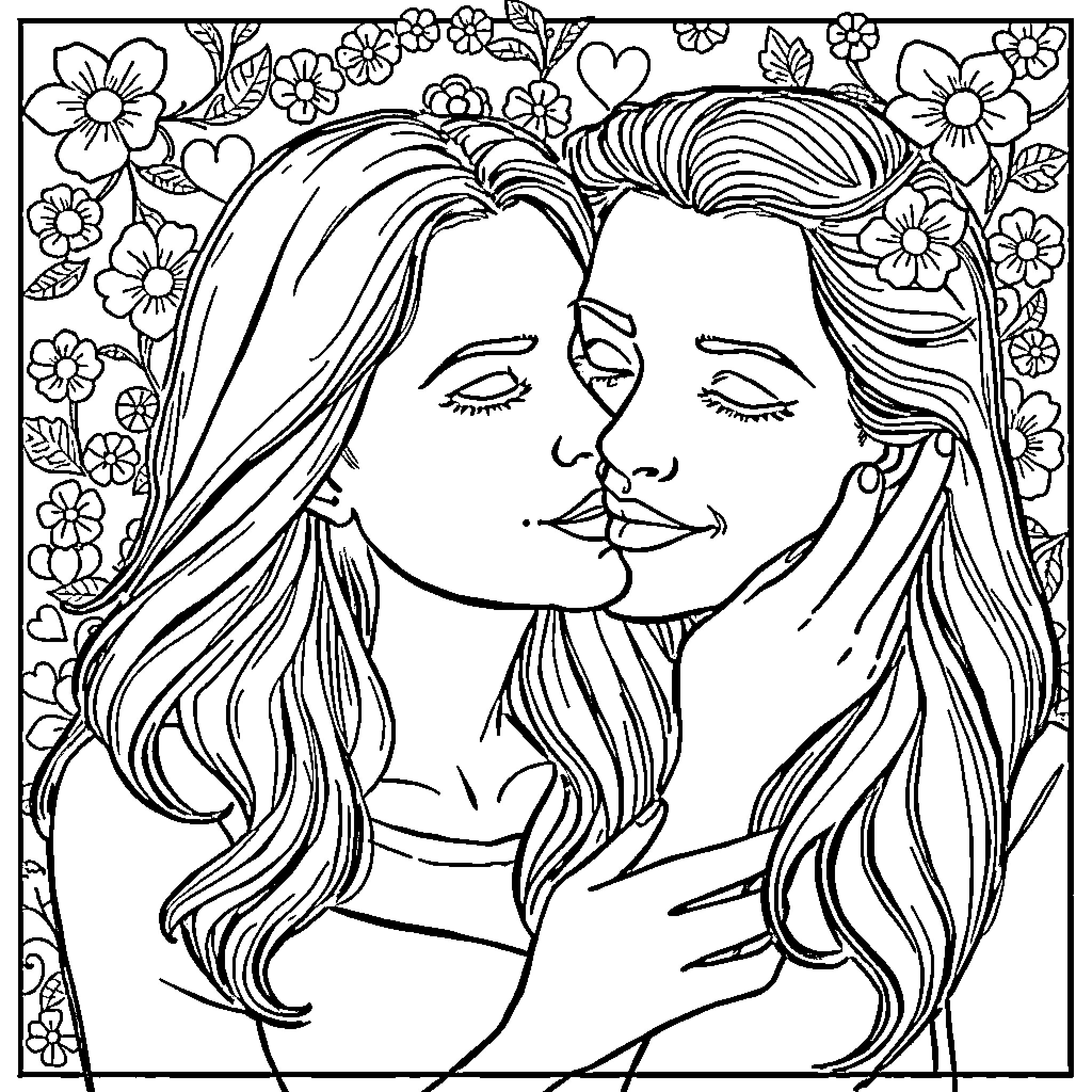 Woman in floral portrait Coloring Page (free black-and-white line drawing printable PDF for all, from beginners to advanced learners, including children, teens, adults, and seniors)