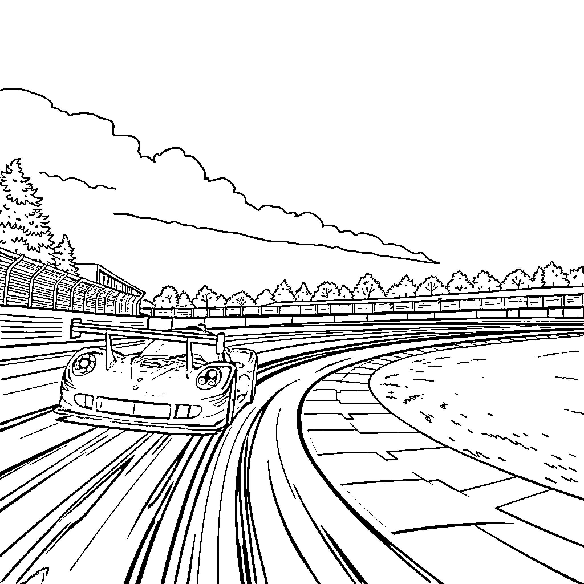 Race Car Speeding on the Track Coloring Page (free black-and-white line drawing printable PDF for all, from beginners to advanced learners, including children, teens, adults, and seniors)