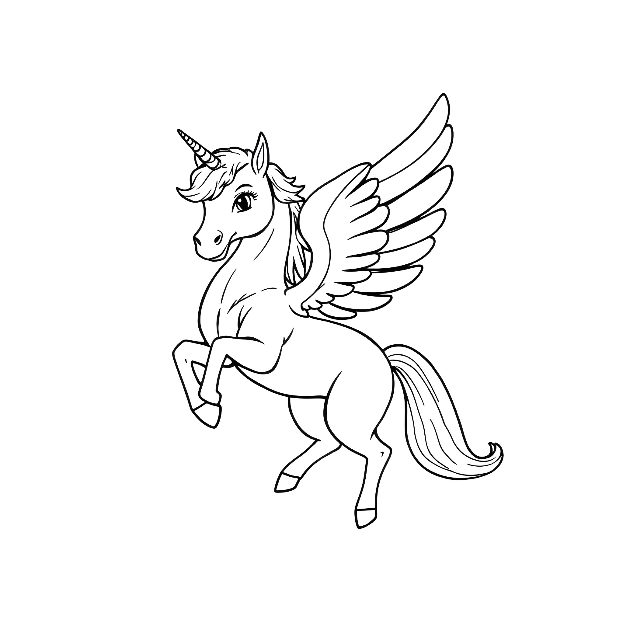 Pegasus the winged unicorn flying majestically Coloring Page (free black-and-white line drawing printable PDF for all, from beginners to advanced learners, including children, teens, adults, and seniors)