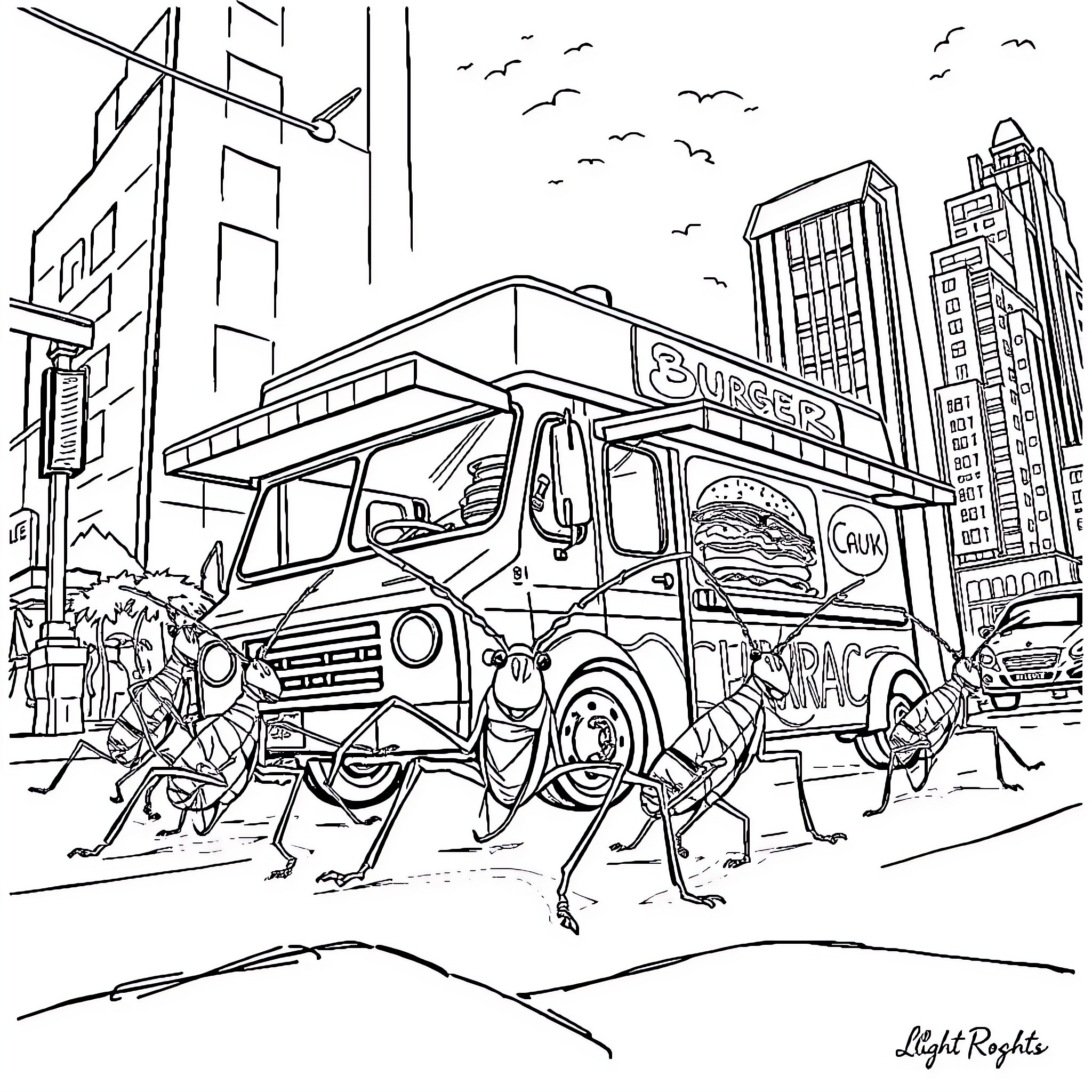 Cockroaches invading a busy city street food truck Coloring Page (free black-and-white line drawing printable PDF for all, from beginners to advanced learners, including children, teens, adults, and seniors)