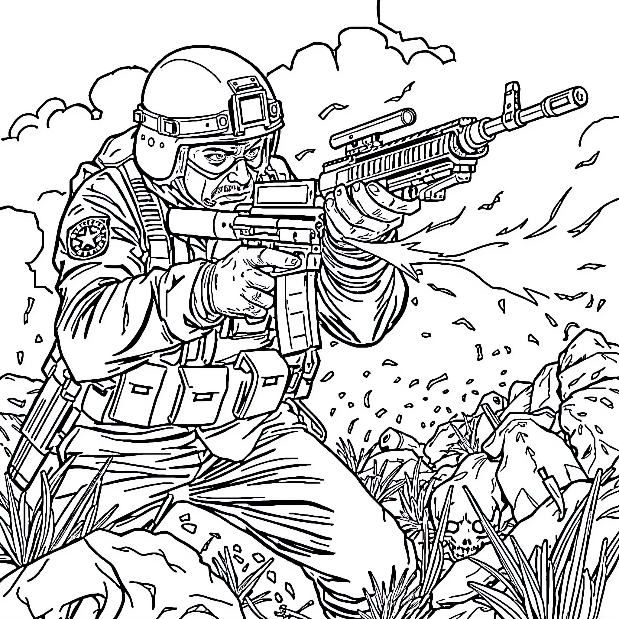 Soldier in combat gear firing assault rifle Coloring Page (free black-and-white line drawing printable PDF for all, from beginners to advanced learners, including children, teens, adults, and seniors)
