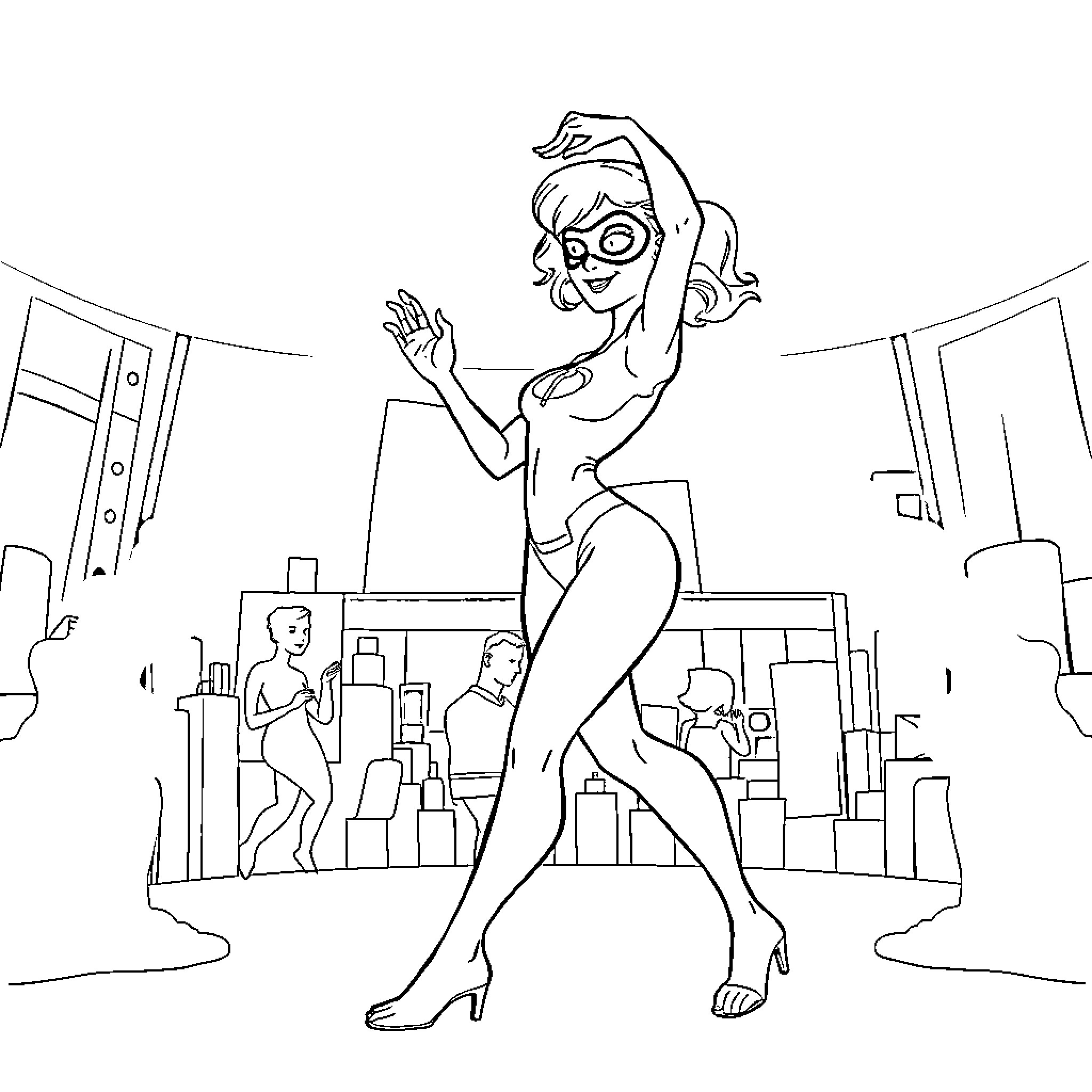 Elastigirl striking a dynamic pose in the city Coloring Page (free black-and-white line drawing printable PDF for all, from beginners to advanced learners, including children, teens, adults, and seniors)