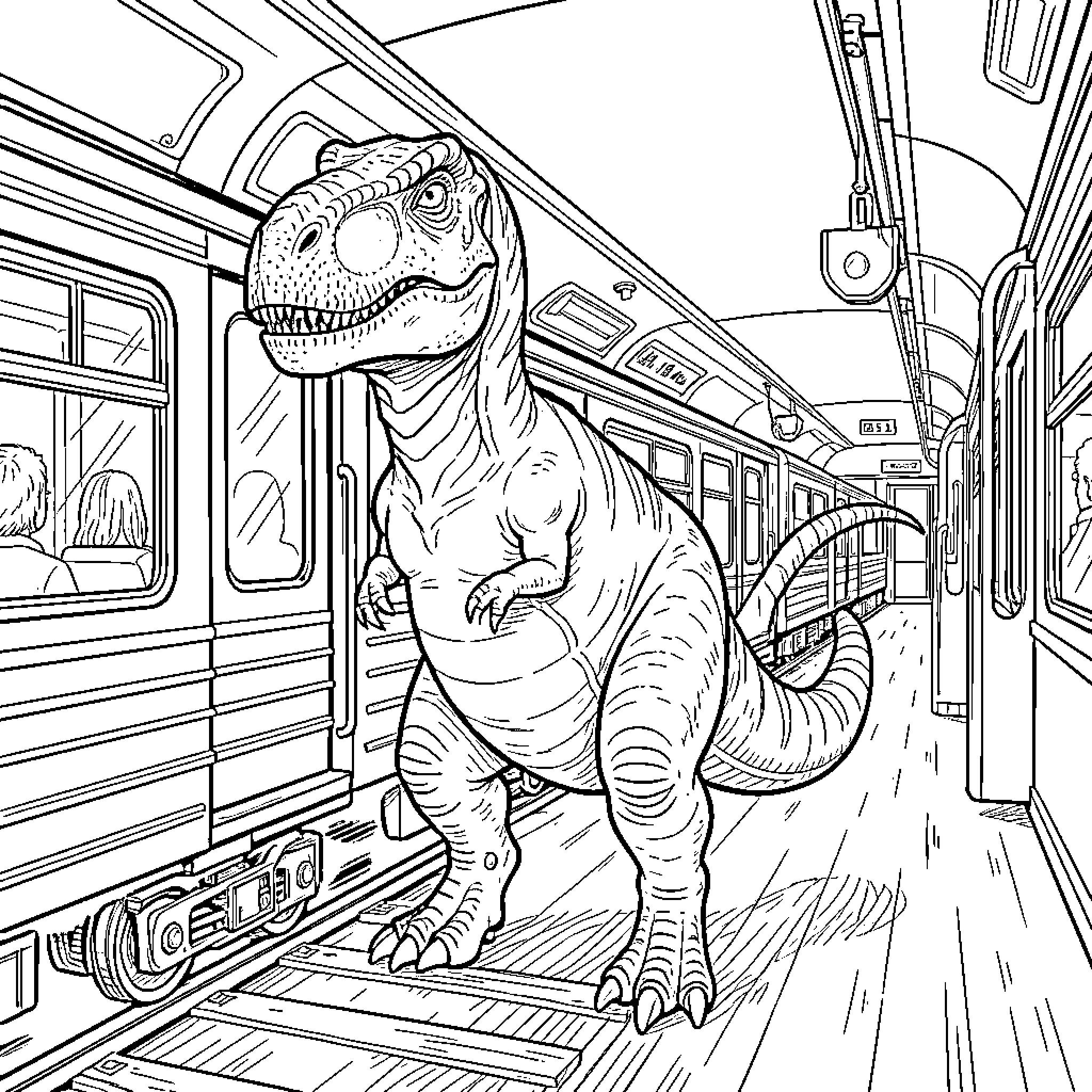 Dinosaur standing curiously inside a passenger train car Coloring Page (free black-and-white line drawing printable PDF for all, from beginners to advanced learners, including children, teens, adults, and seniors)