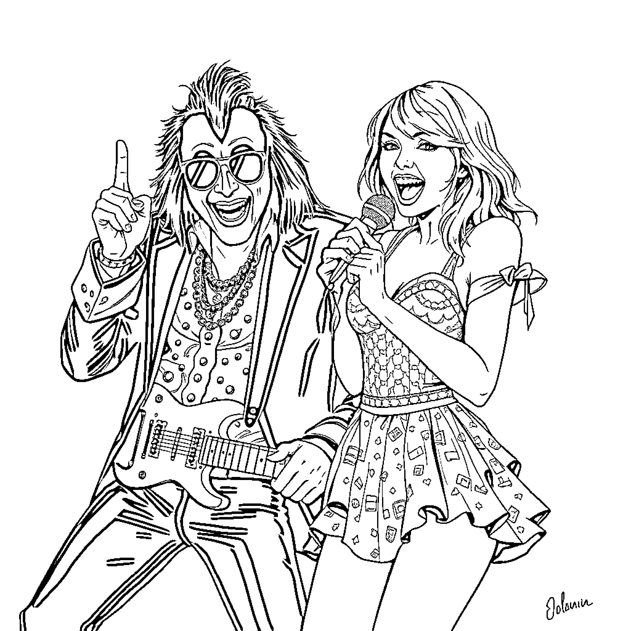 Gene Simmons and Cheerful Companion Performing on Stage Coloring Page (free black-and-white line drawing printable PDF for all, from beginners to advanced learners, including children, teens, adults, and seniors)