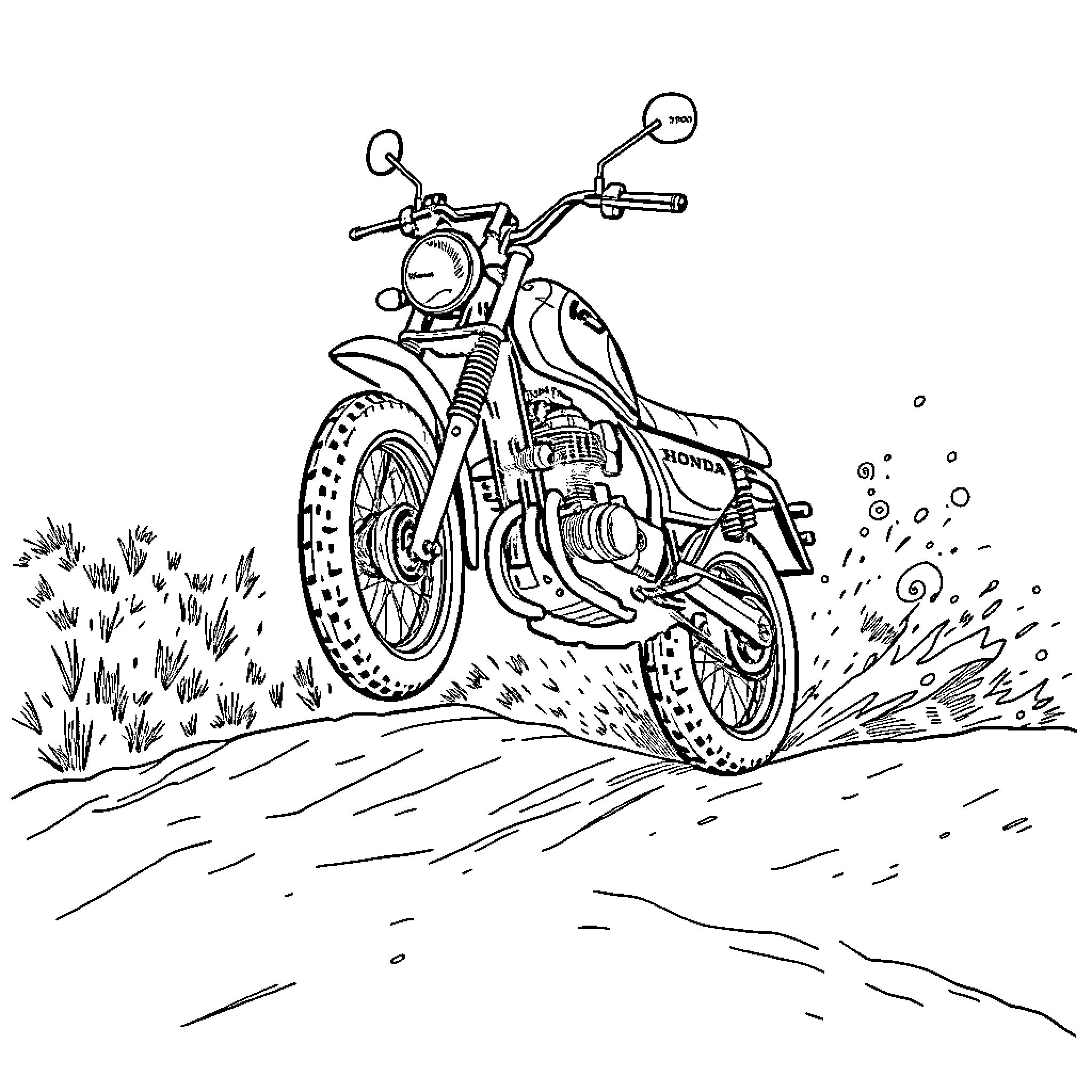 Honda N600 motorcycle riding through dirt path Coloring Page (free black-and-white line drawing printable PDF for all, from beginners to advanced learners, including children, teens, adults, and seniors)