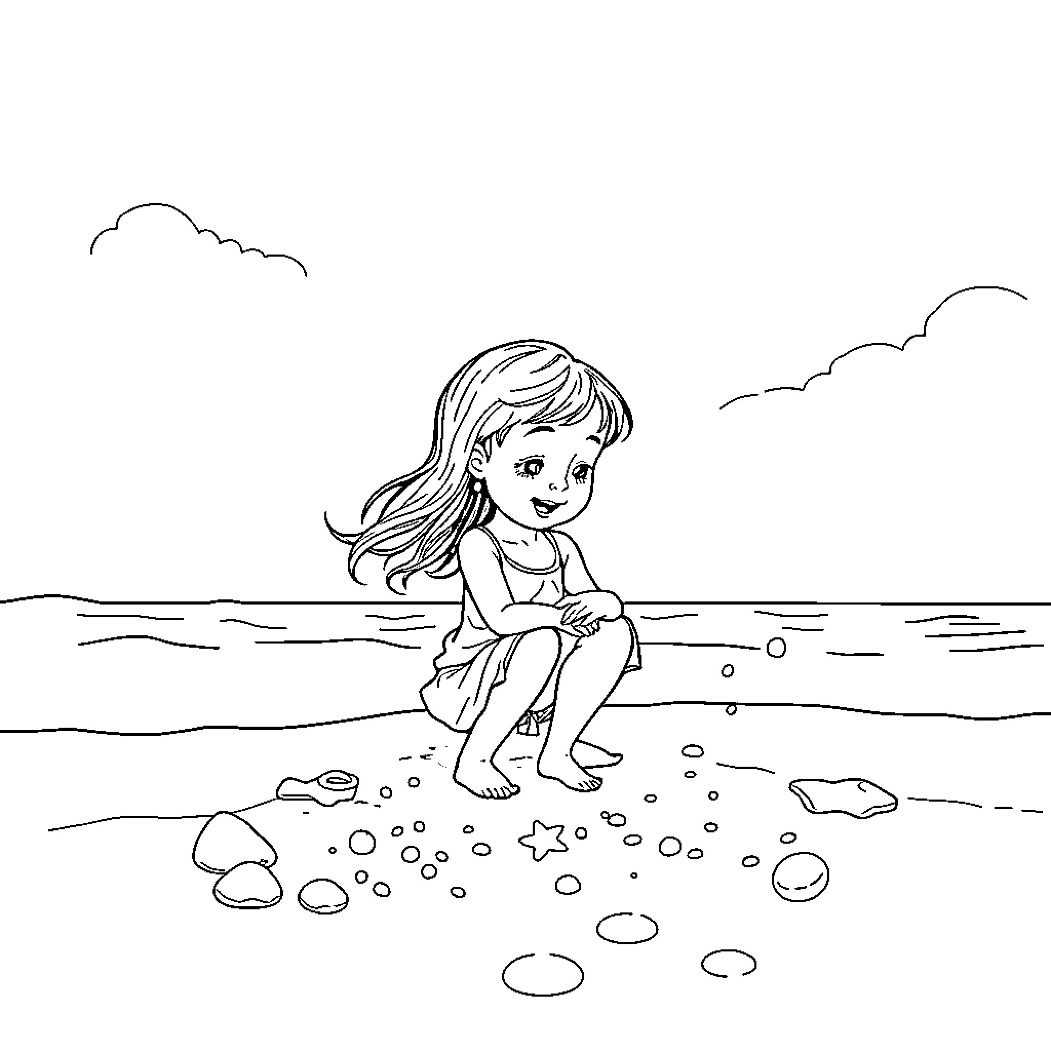 Girl playing on the beach Coloring Page (free black-and-white line drawing printable PDF for all, from beginners to advanced learners, including children, teens, adults, and seniors)