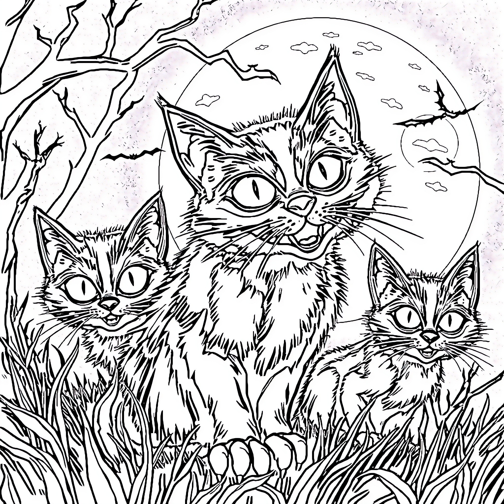 Cat Trio in Spooky Moonlit Forest Coloring Page (free black-and-white line drawing printable PDF for all, from beginners to advanced learners, including children, teens, adults, and seniors)