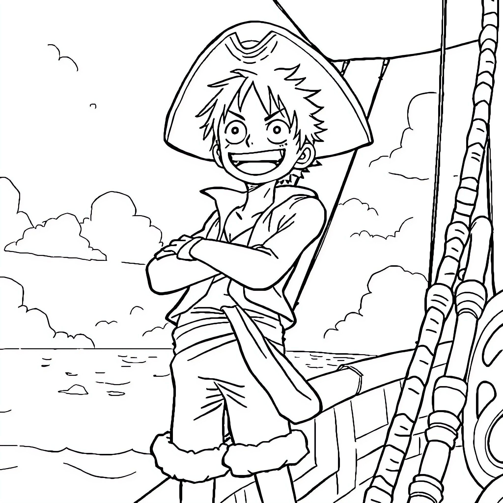 Monkey D Luffy exploring the seas on his pirate ship Coloring Page (free black-and-white line drawing printable PDF for all, from beginners to advanced learners, including children, teens, adults, and seniors)